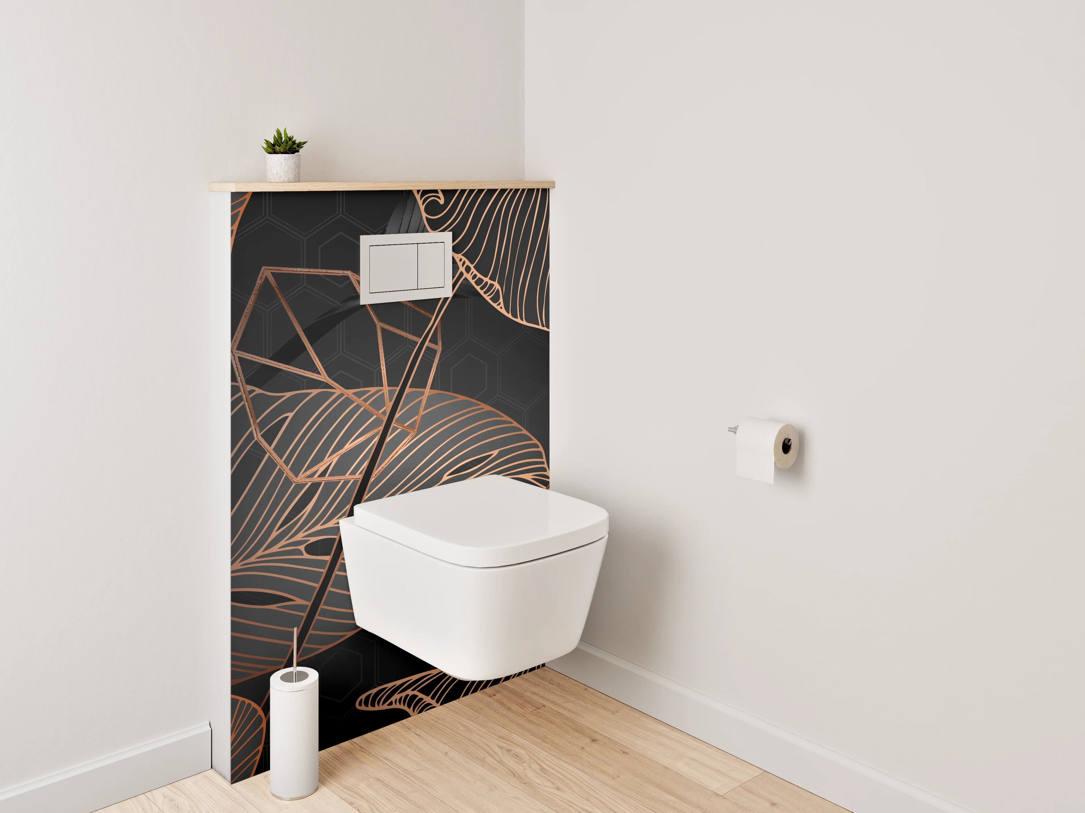 WC-Rückwand - Lineart Blätter Schwarz Kupfer Tropisch