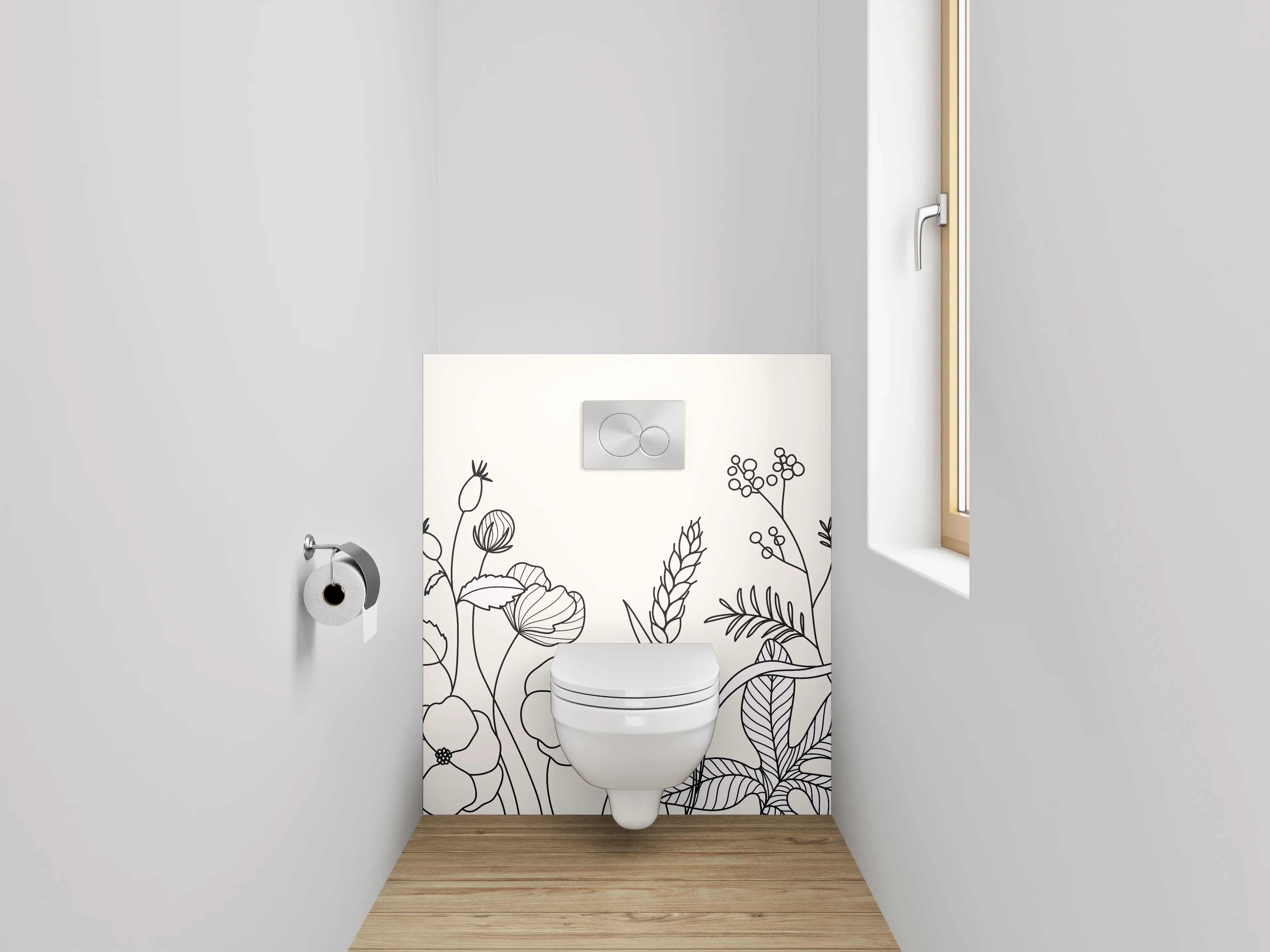 WC-Rückwand - Lineart Blumen und Pflanzen Schwarz-Weiß