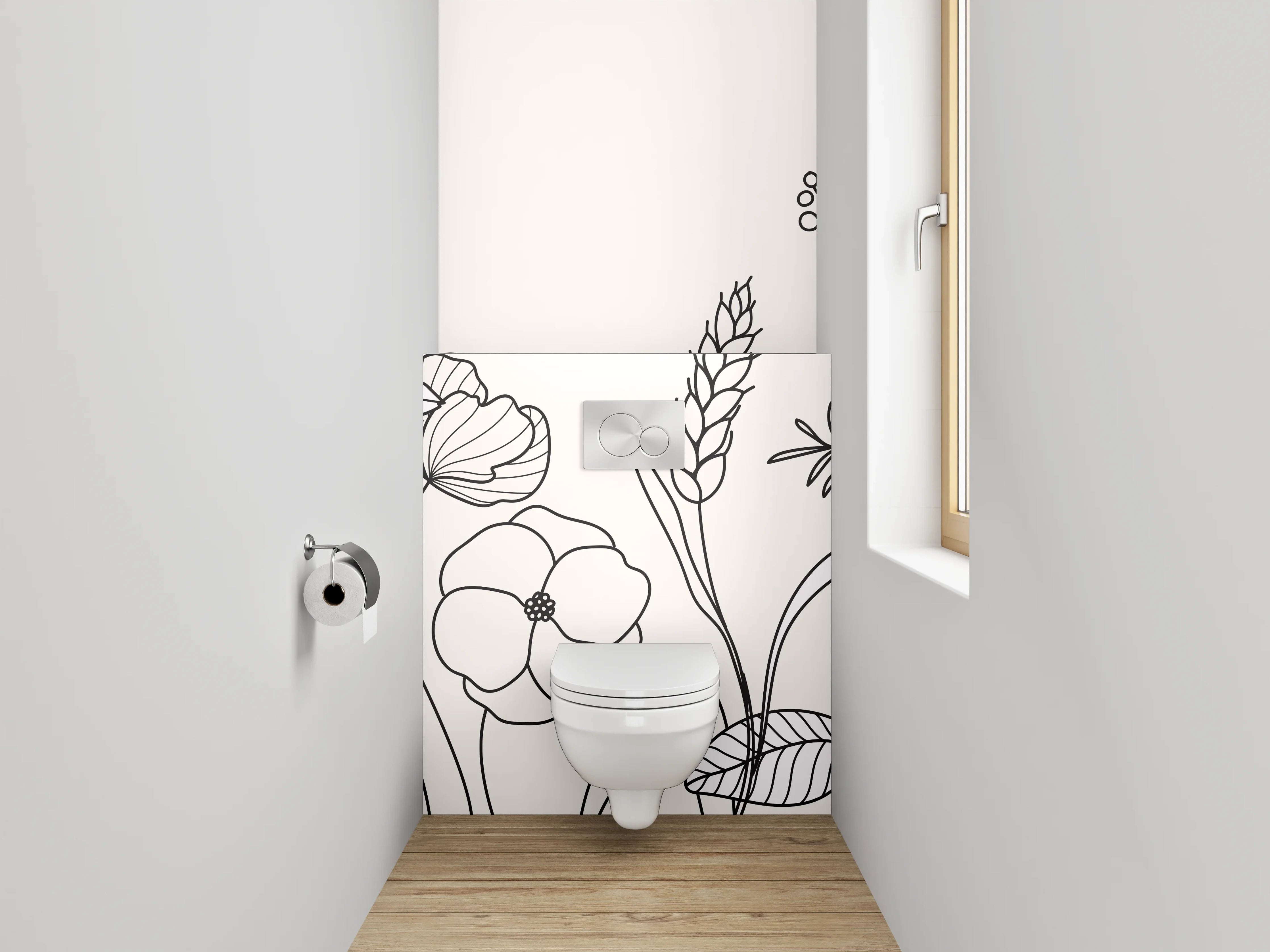 WC-Rückwand - Lineart Blumen und Pflanzen Schwarz-Weiß