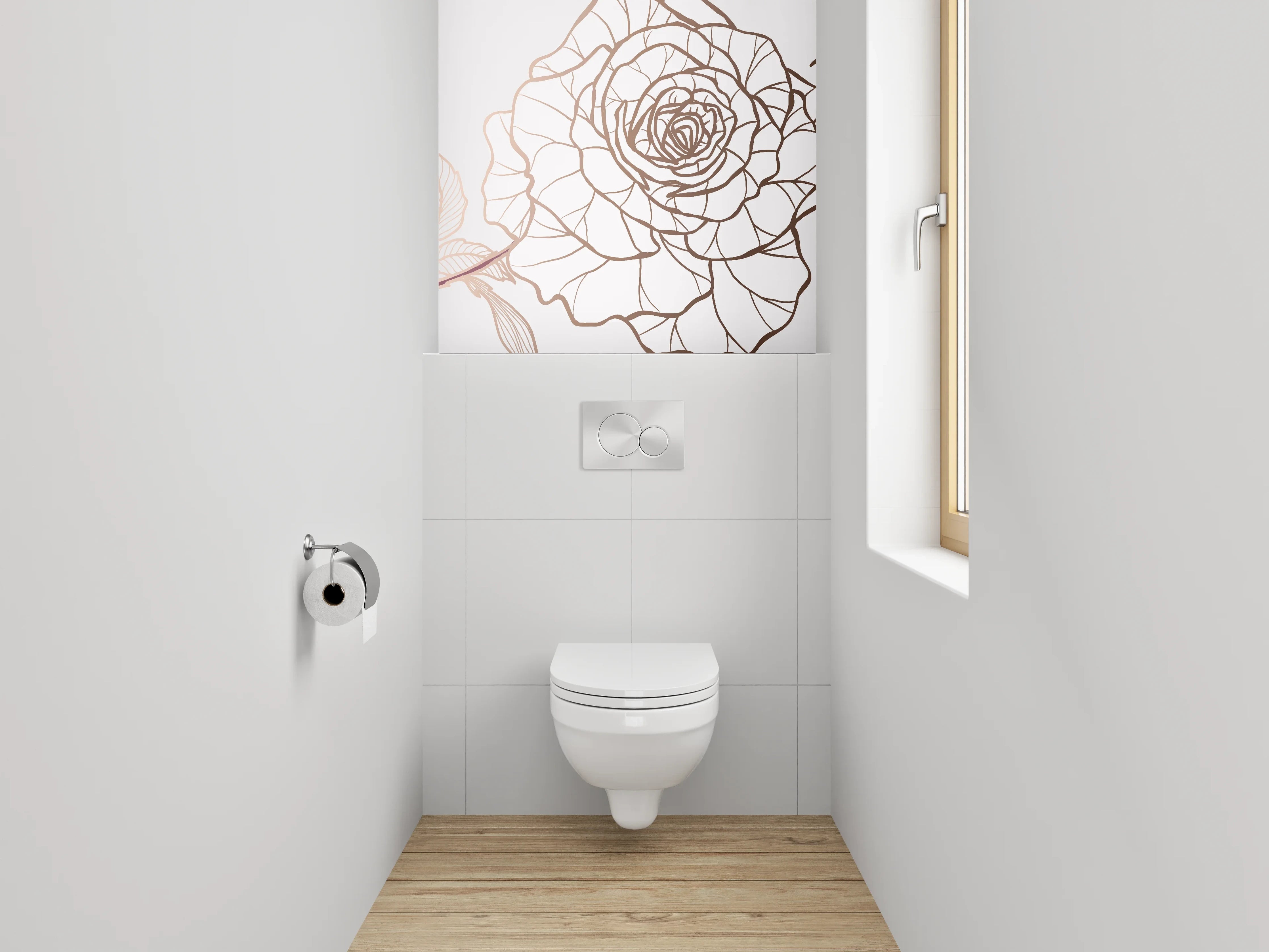 WC-Rückwand - Lineart Rosen auf Weiß – Blumenmotiv