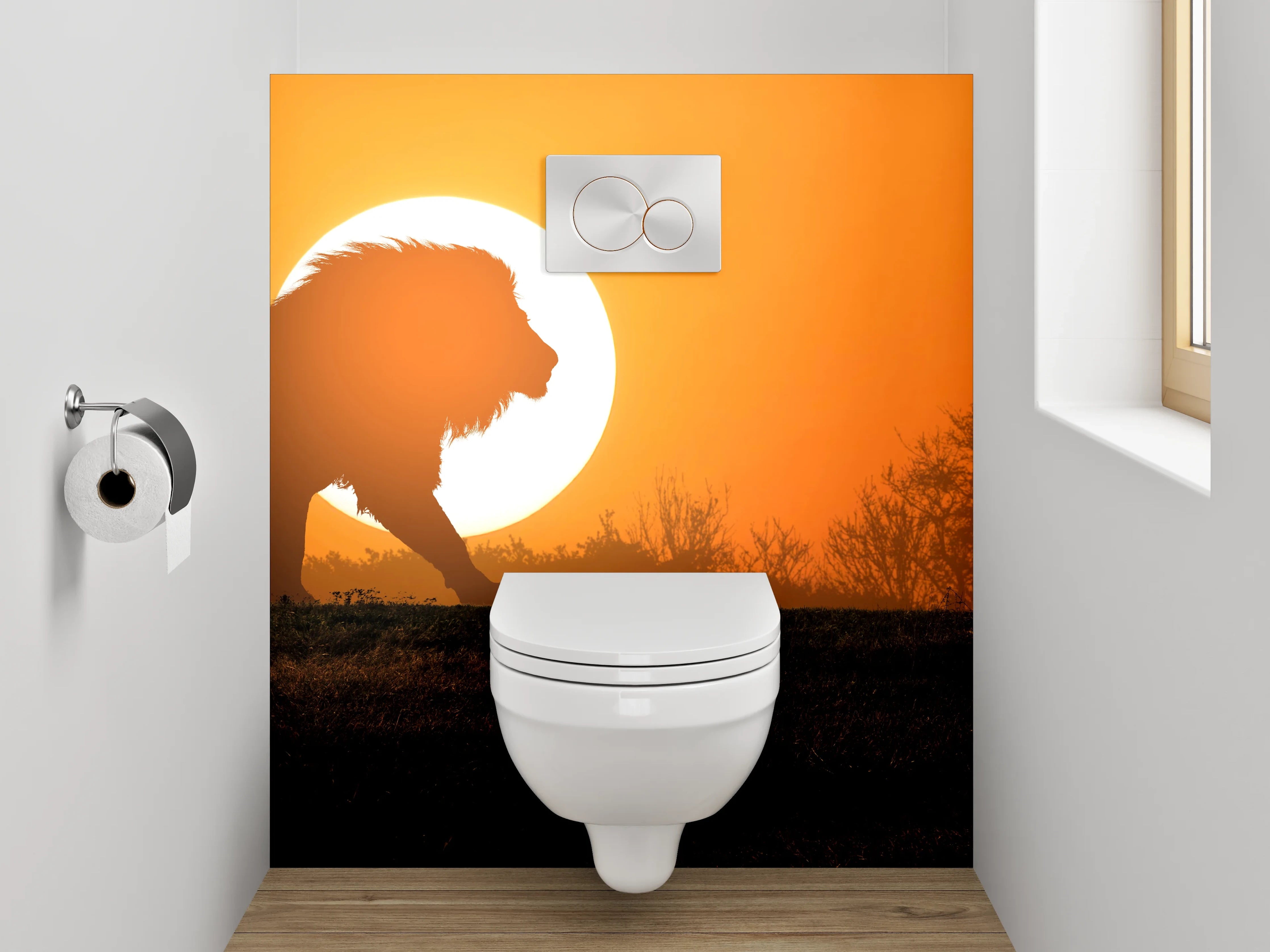 WC-Rückwand - Löwe vor Sonnenuntergang Savanne Fotokunst
