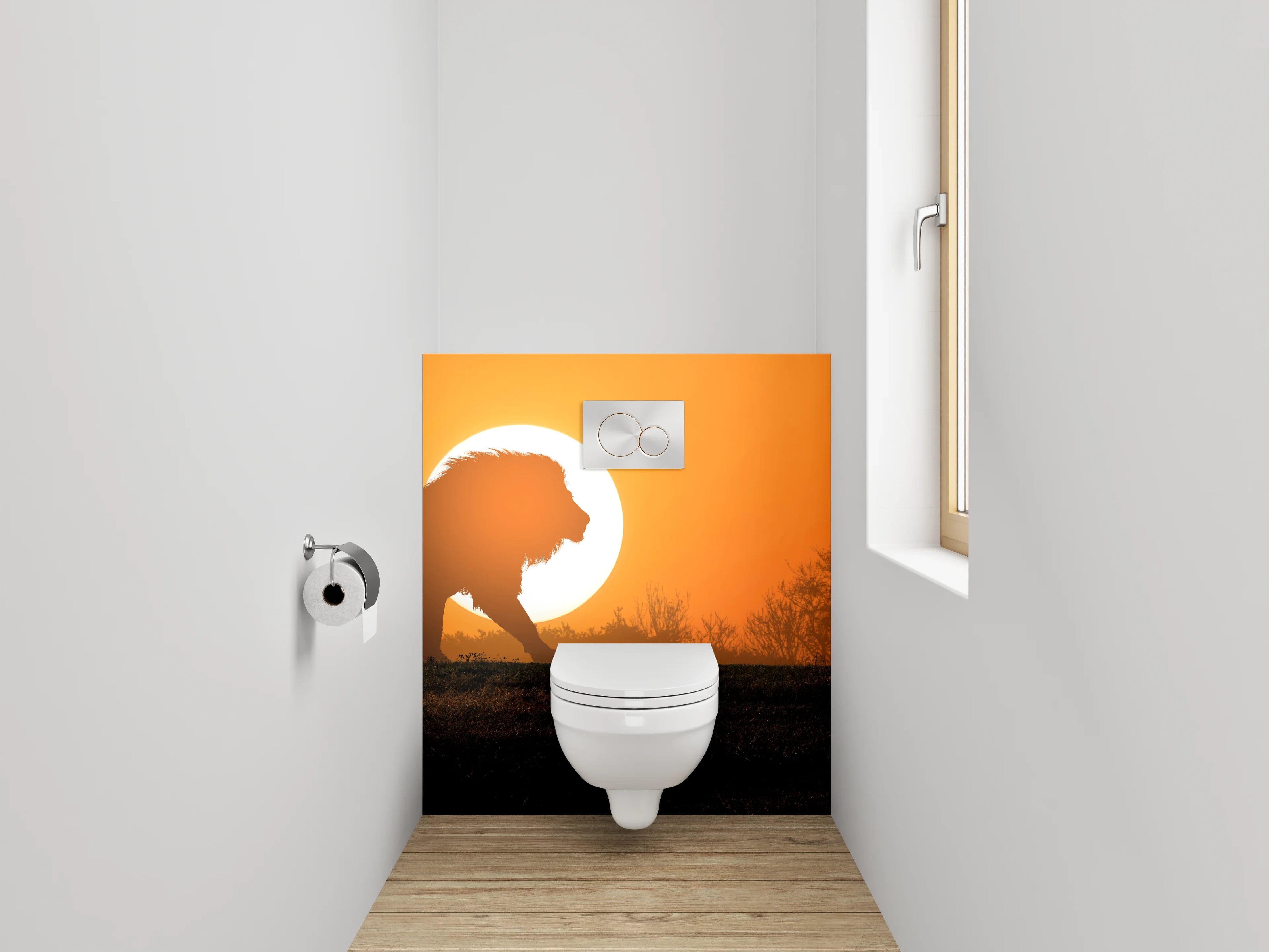 WC-Rückwand - Löwe vor Sonnenuntergang Savanne Fotokunst