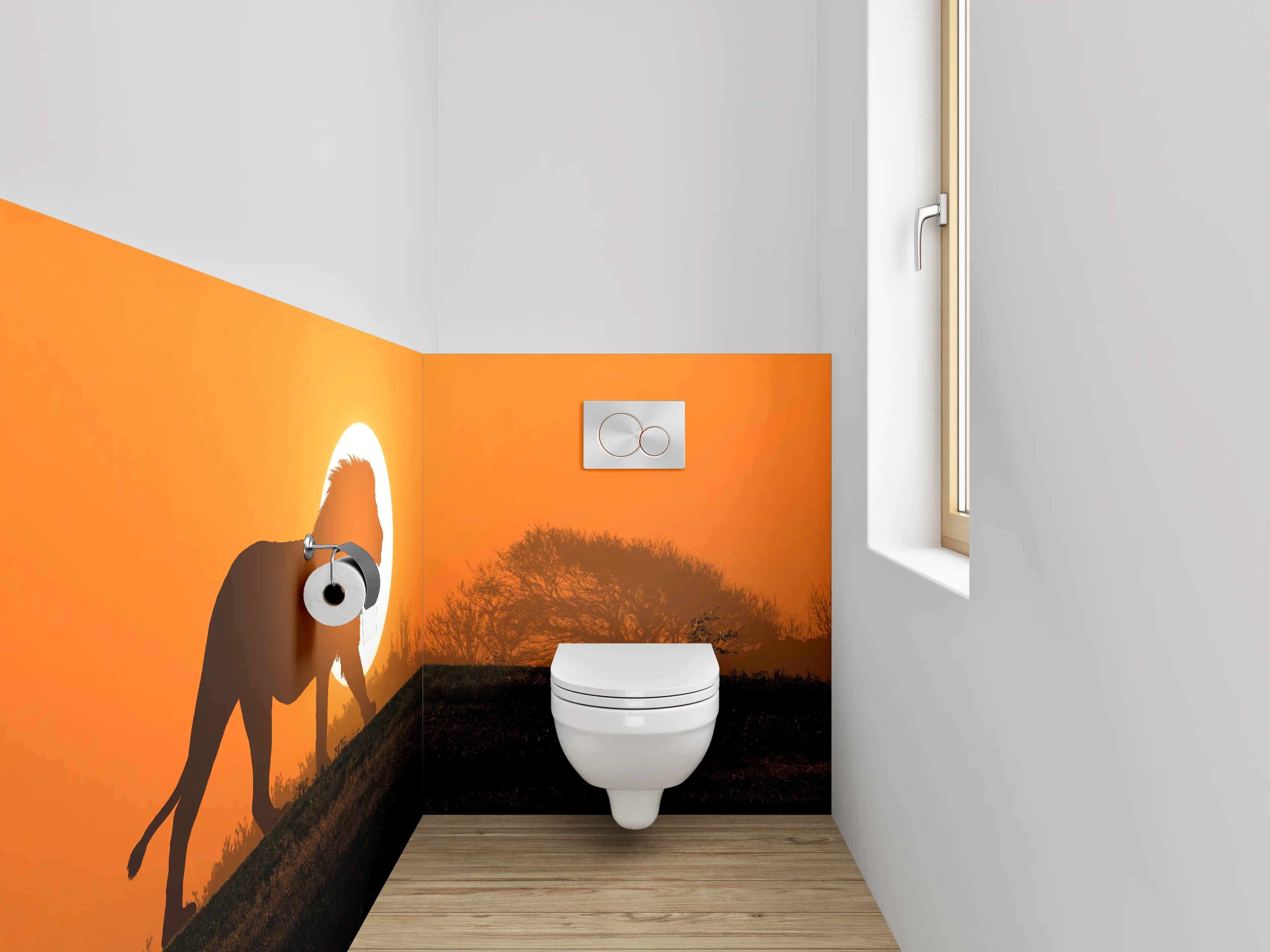 WC-Rückwand - Löwe vor Sonnenuntergang Savanne Fotokunst
