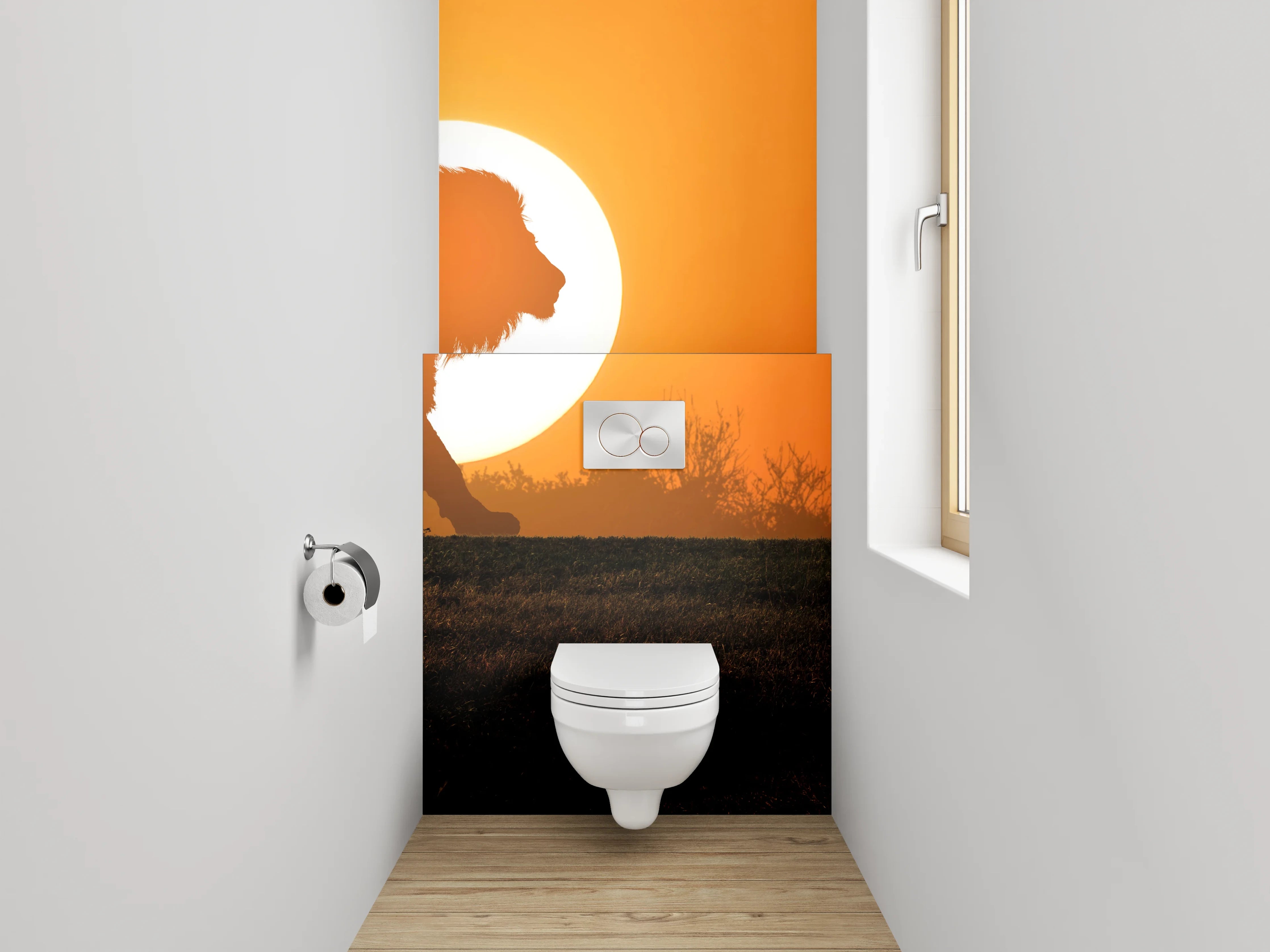 WC-Rückwand - Löwe vor Sonnenuntergang Savanne Fotokunst