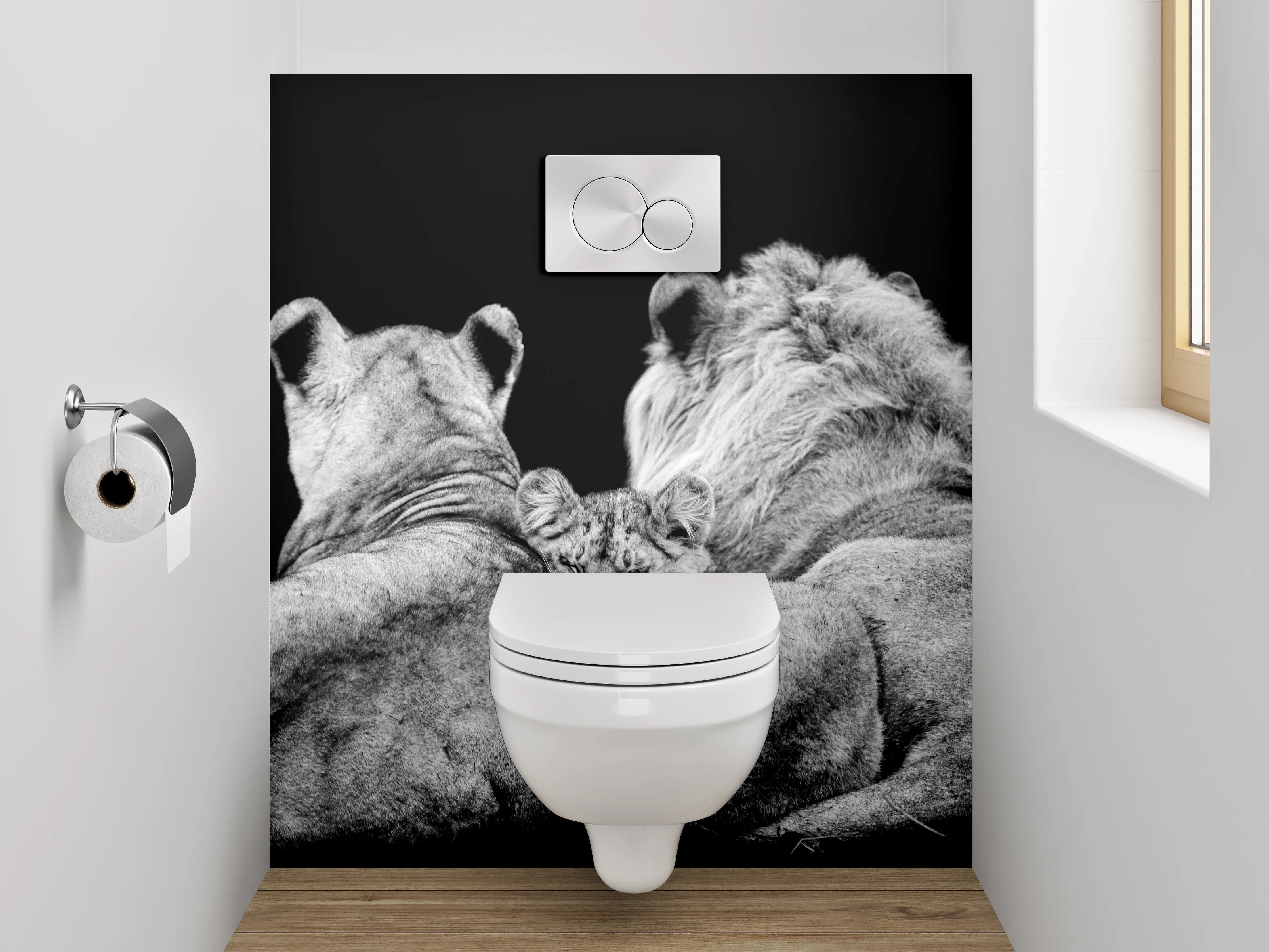 WC-Rückwand - Löwenfamilie in Schwarz-Weiß