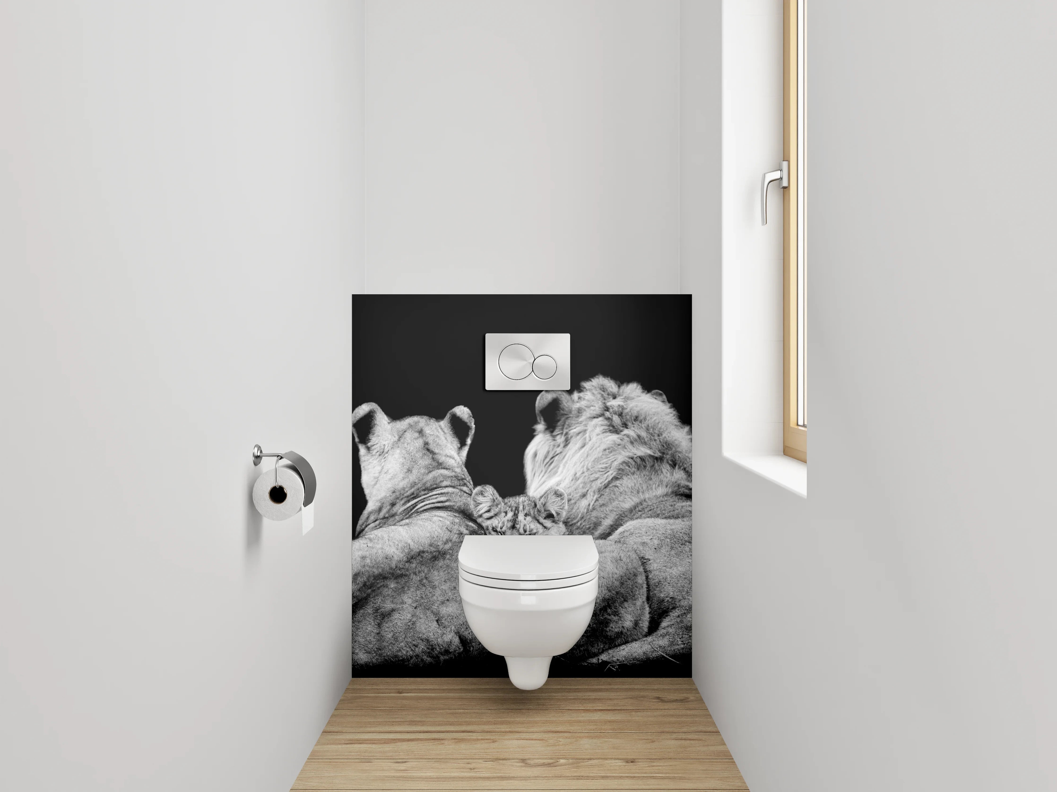 WC-Rückwand - Löwenfamilie in Schwarz-Weiß
