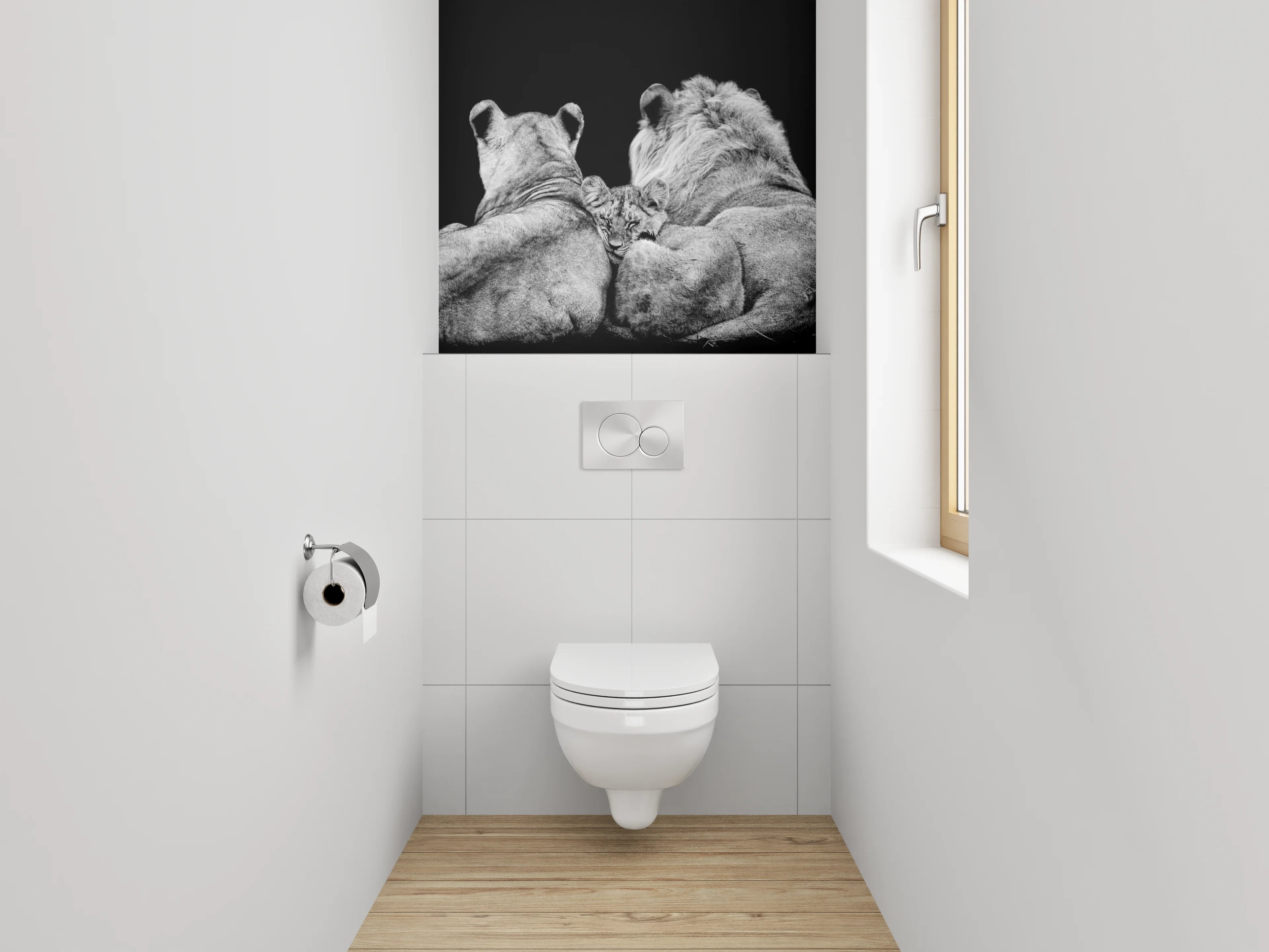 WC-Rückwand - Löwenfamilie in Schwarz-Weiß