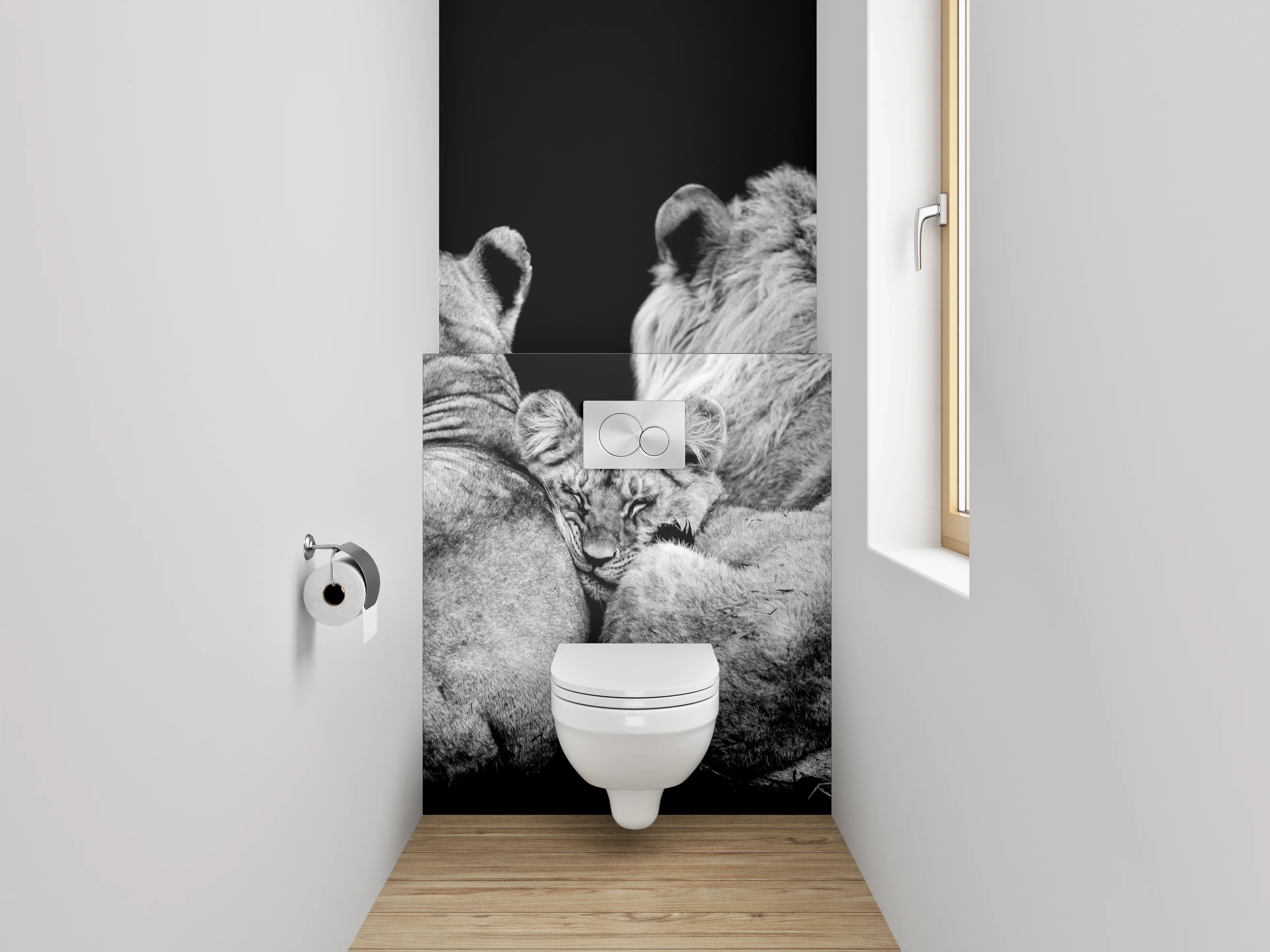 WC-Rückwand - Löwenfamilie in Schwarz-Weiß