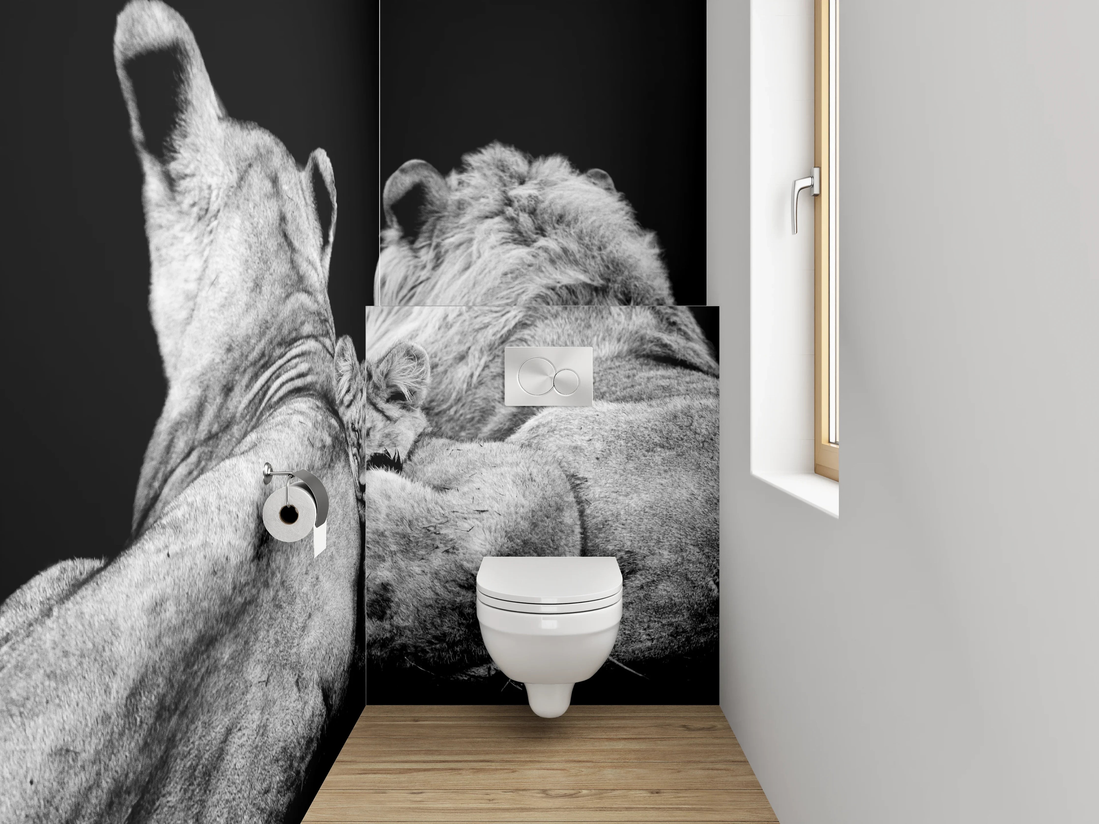 WC-Rückwand - Löwenfamilie in Schwarz-Weiß