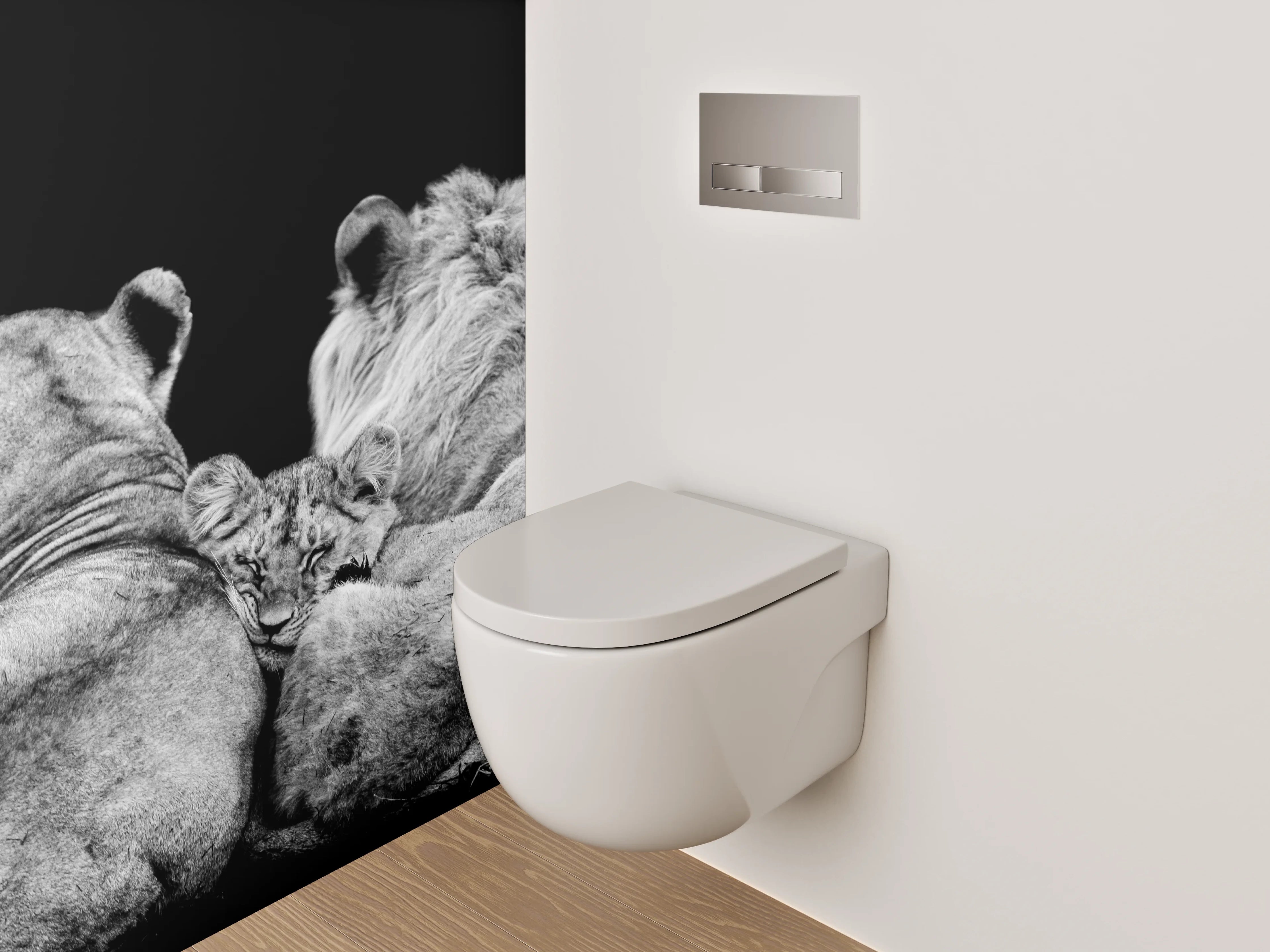 WC-Rückwand - Löwenfamilie in Schwarz-Weiß