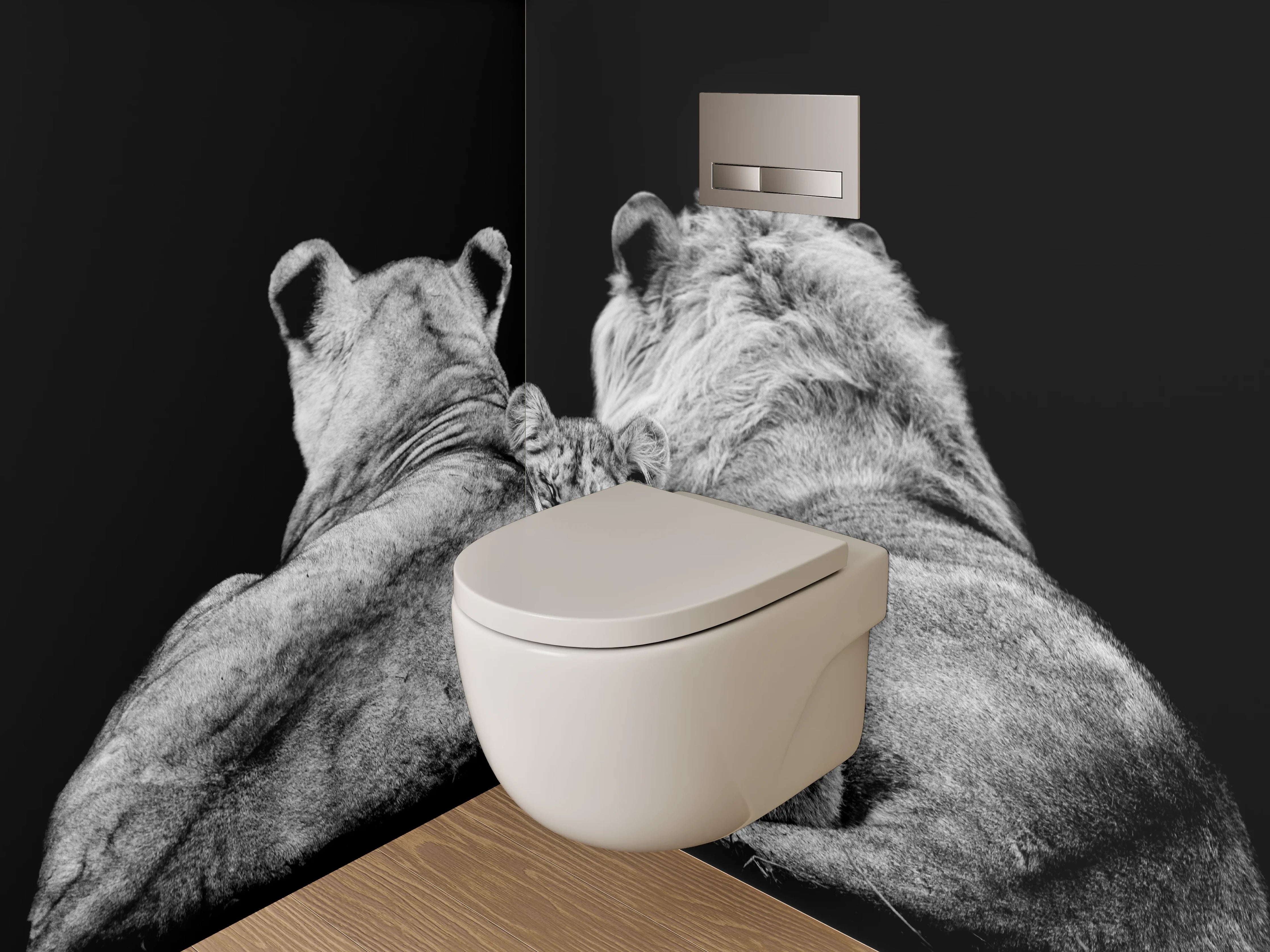 WC-Rückwand - Löwenfamilie in Schwarz-Weiß