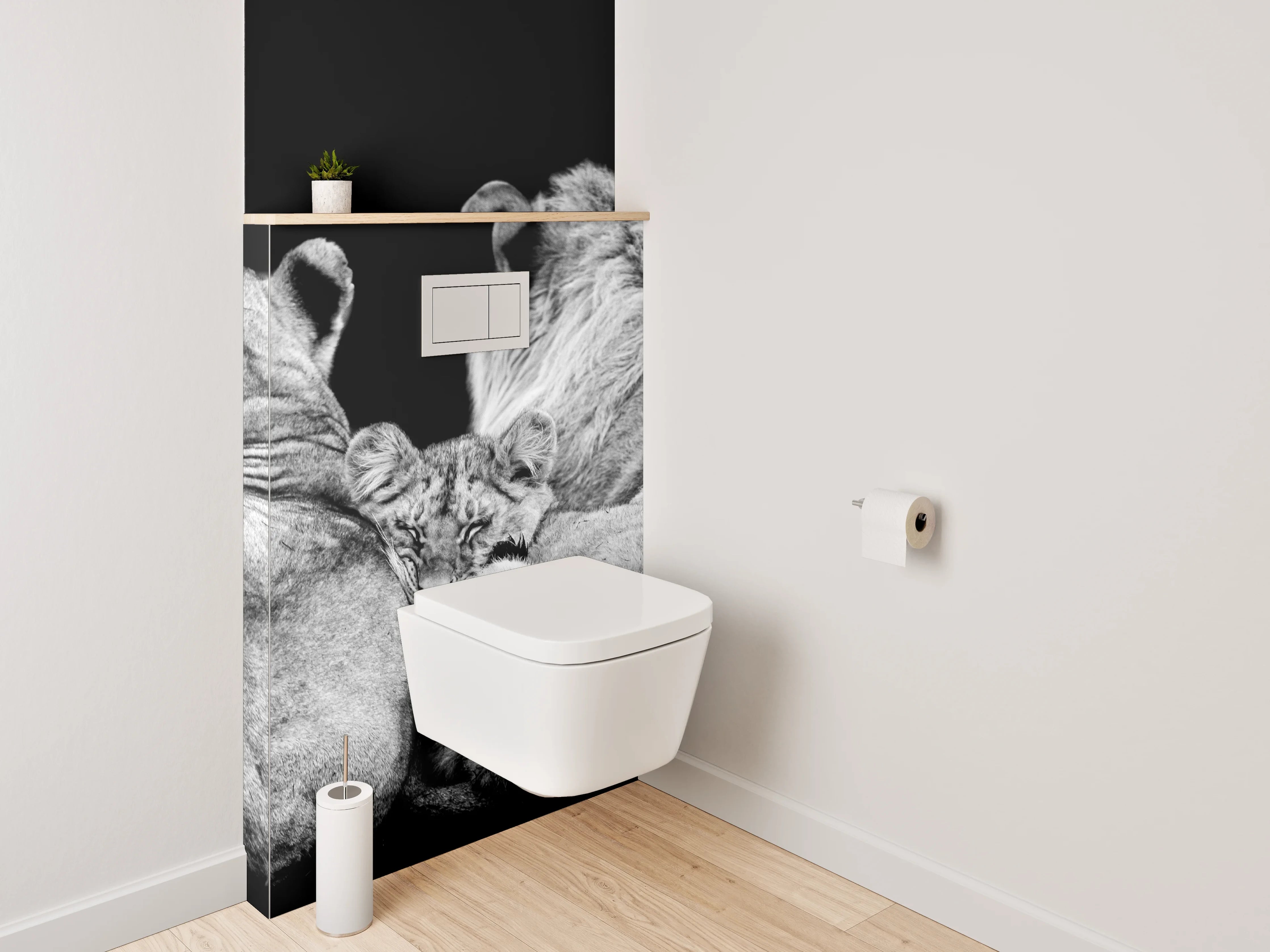WC-Rückwand - Löwenfamilie in Schwarz-Weiß