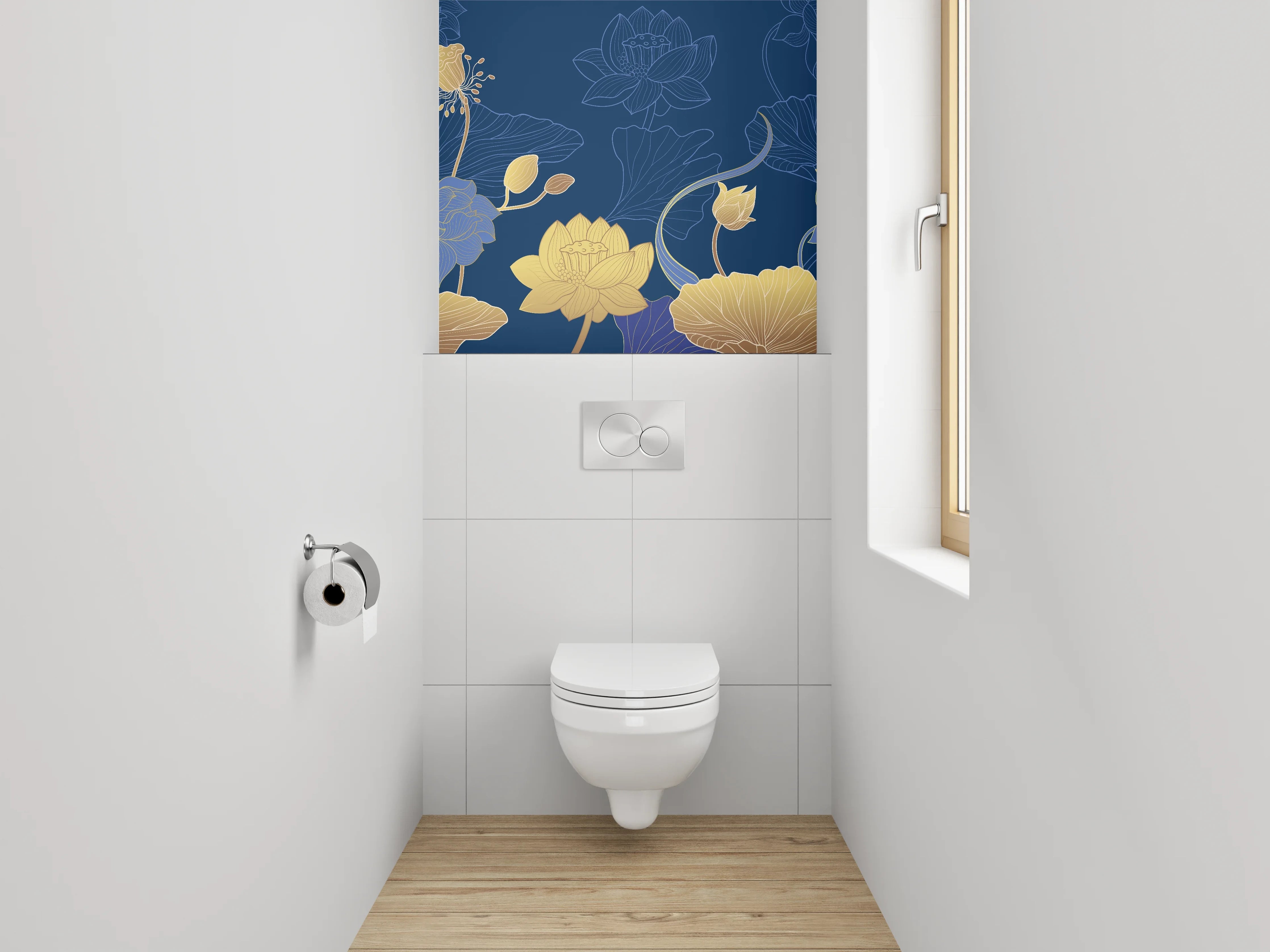 WC-Rückwand - Lotus Blumen Muster Gold Blau