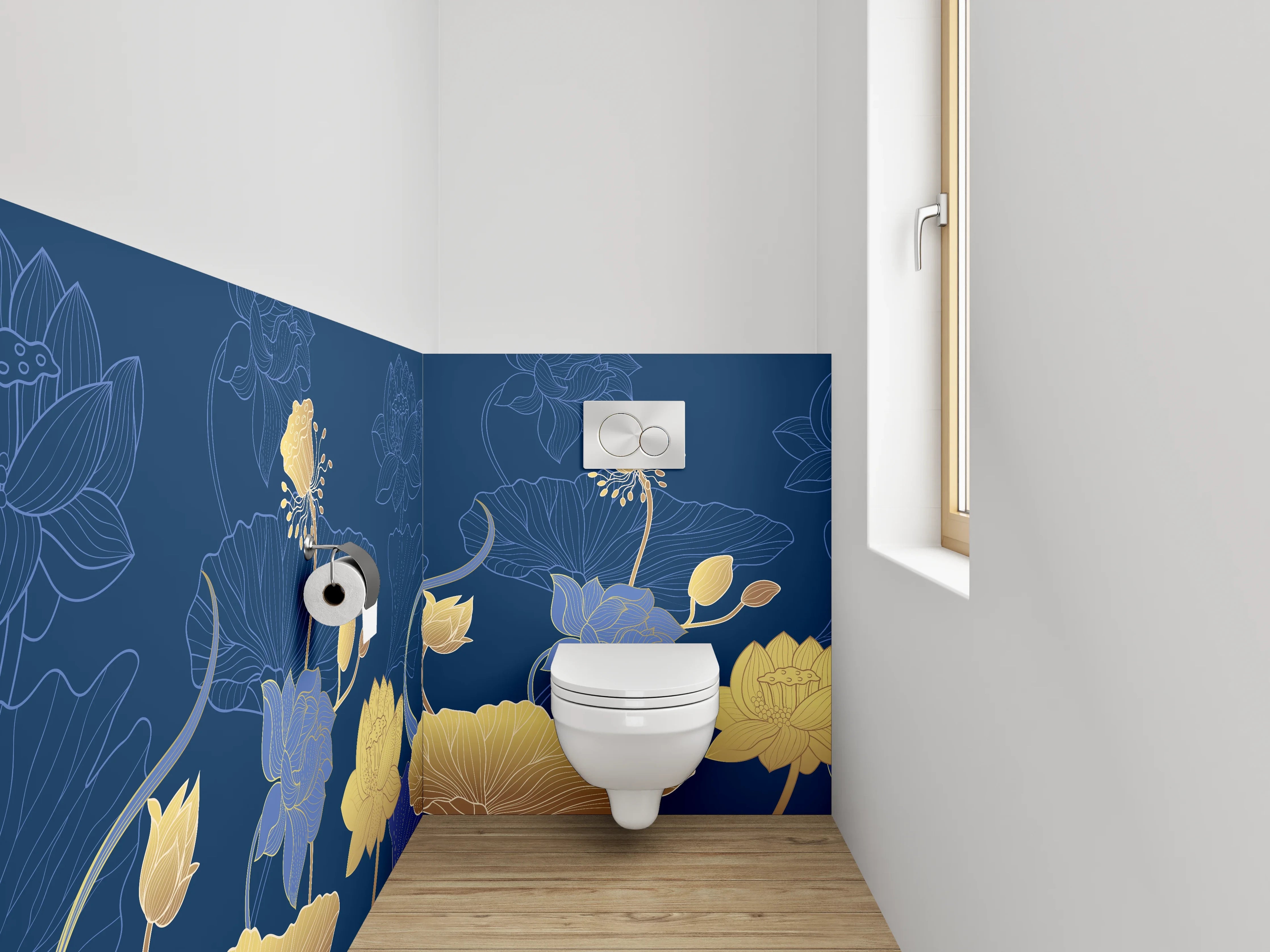WC-Rückwand - Lotus Blumen Muster Gold Blau