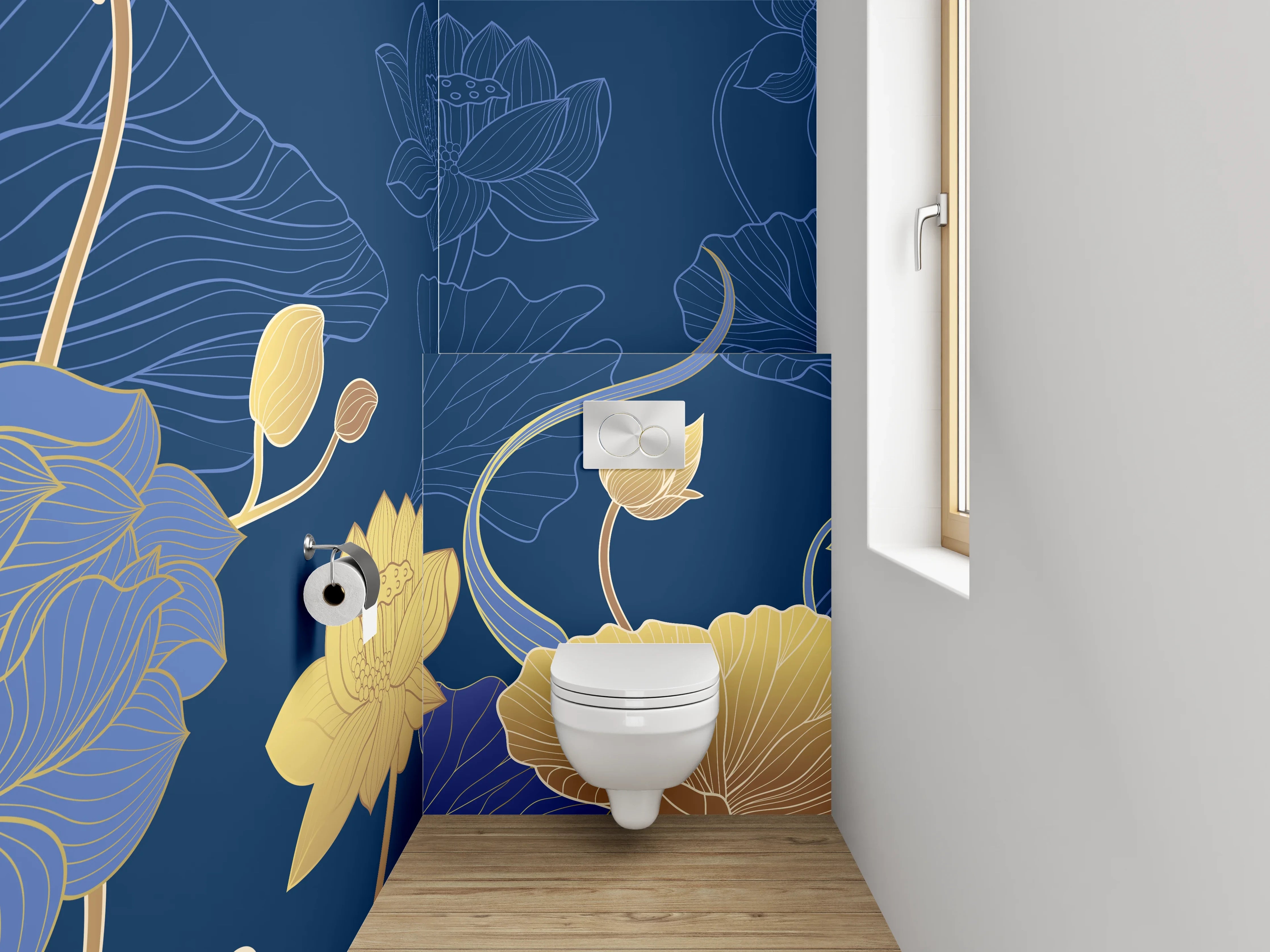 WC-Rückwand - Lotus Blumen Muster Gold Blau