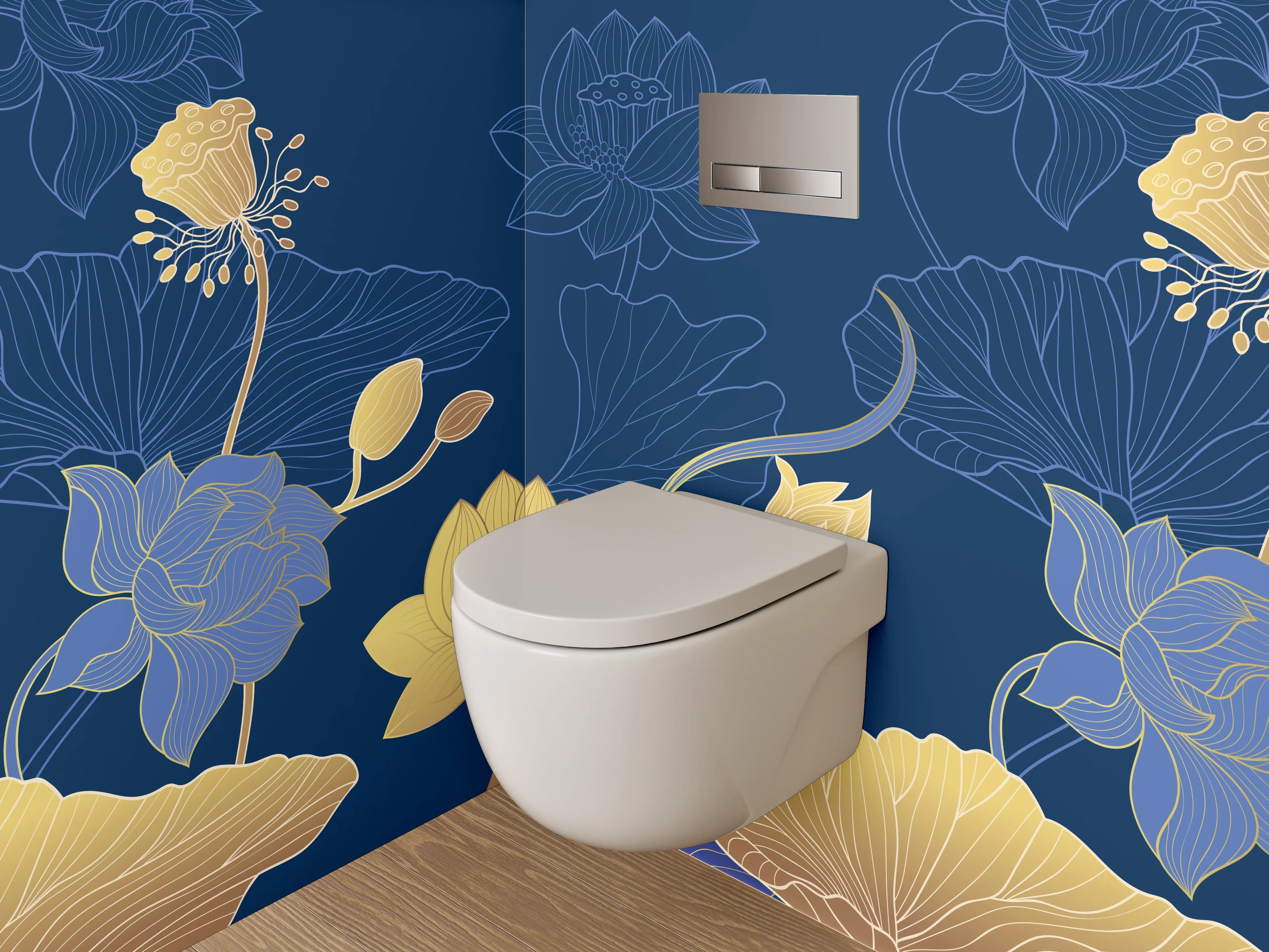 WC-Rückwand - Lotus Blumen Muster Gold Blau