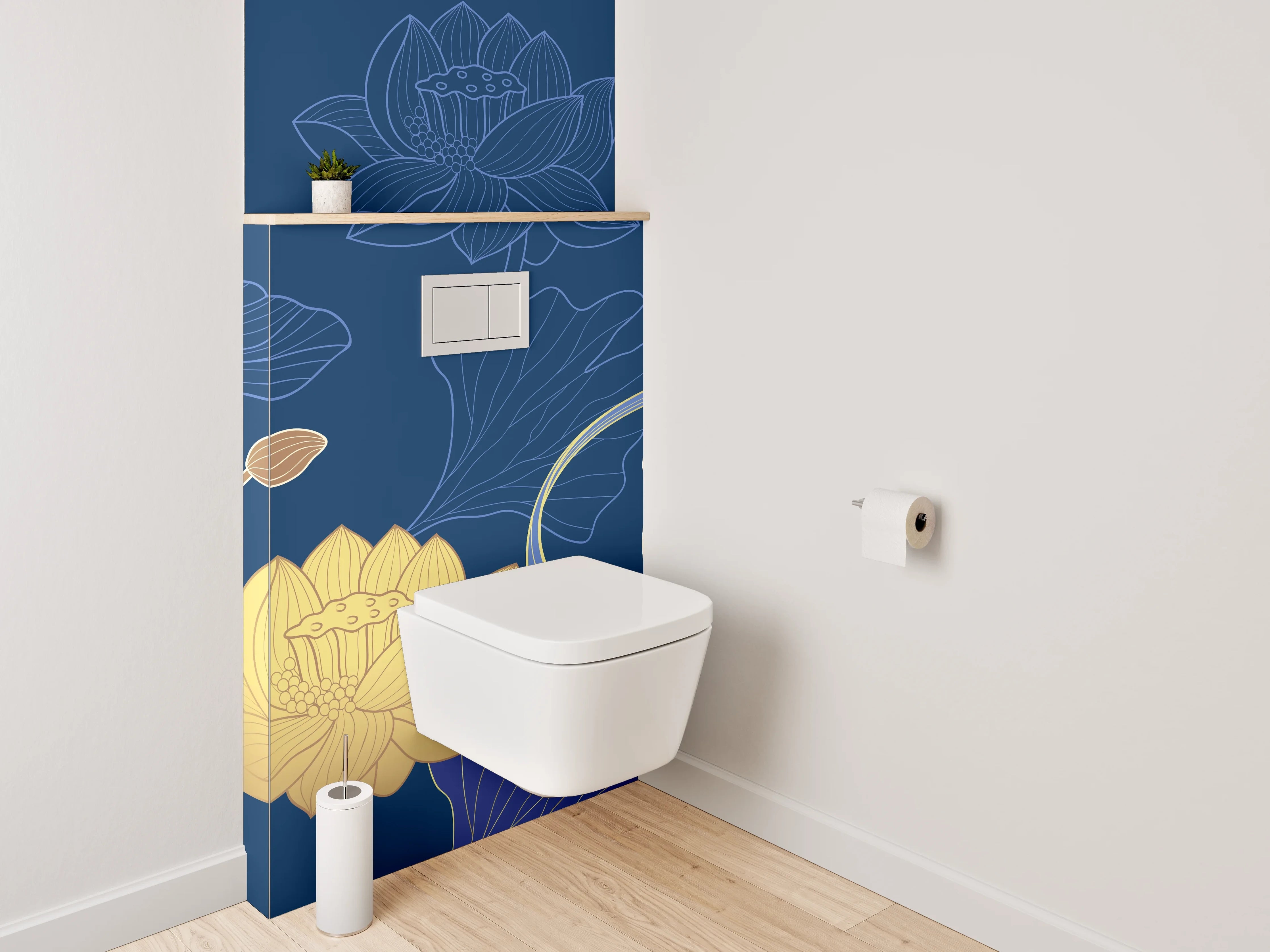 WC-Rückwand - Lotus Blumen Muster Gold Blau