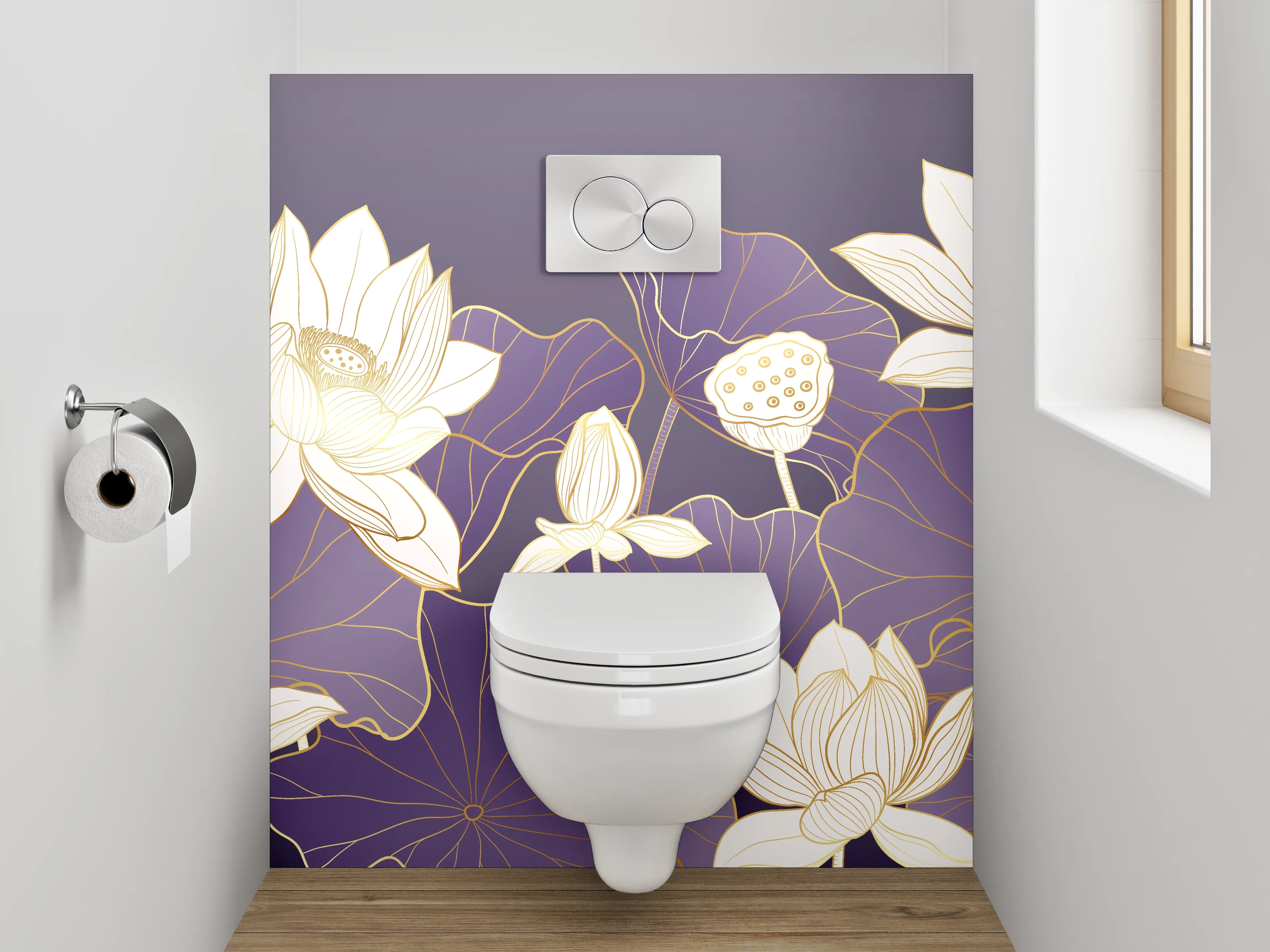 WC-Rückwand - Lotus-Illustration auf violettem Hintergrund