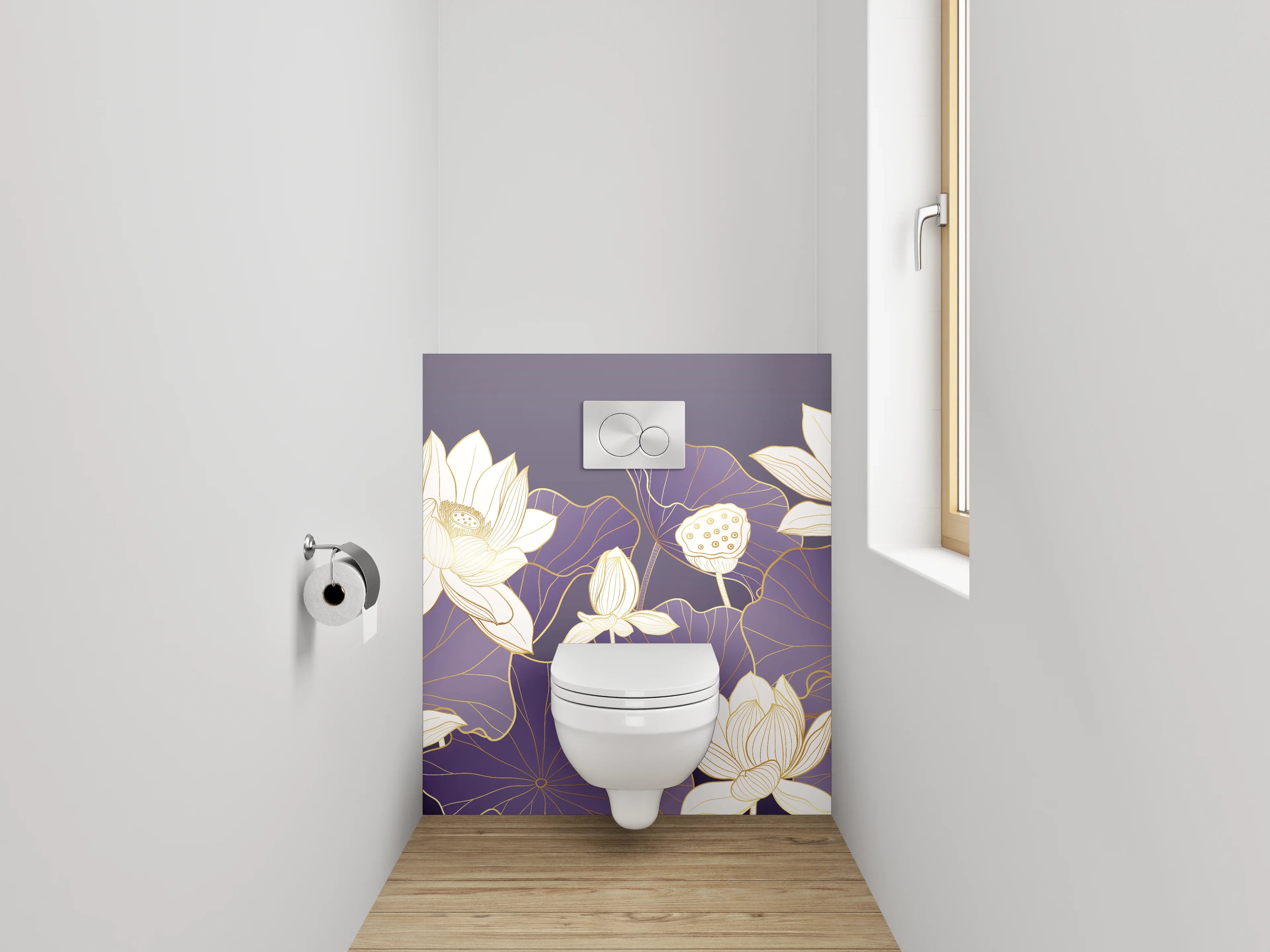 WC-Rückwand - Lotus-Illustration auf violettem Hintergrund