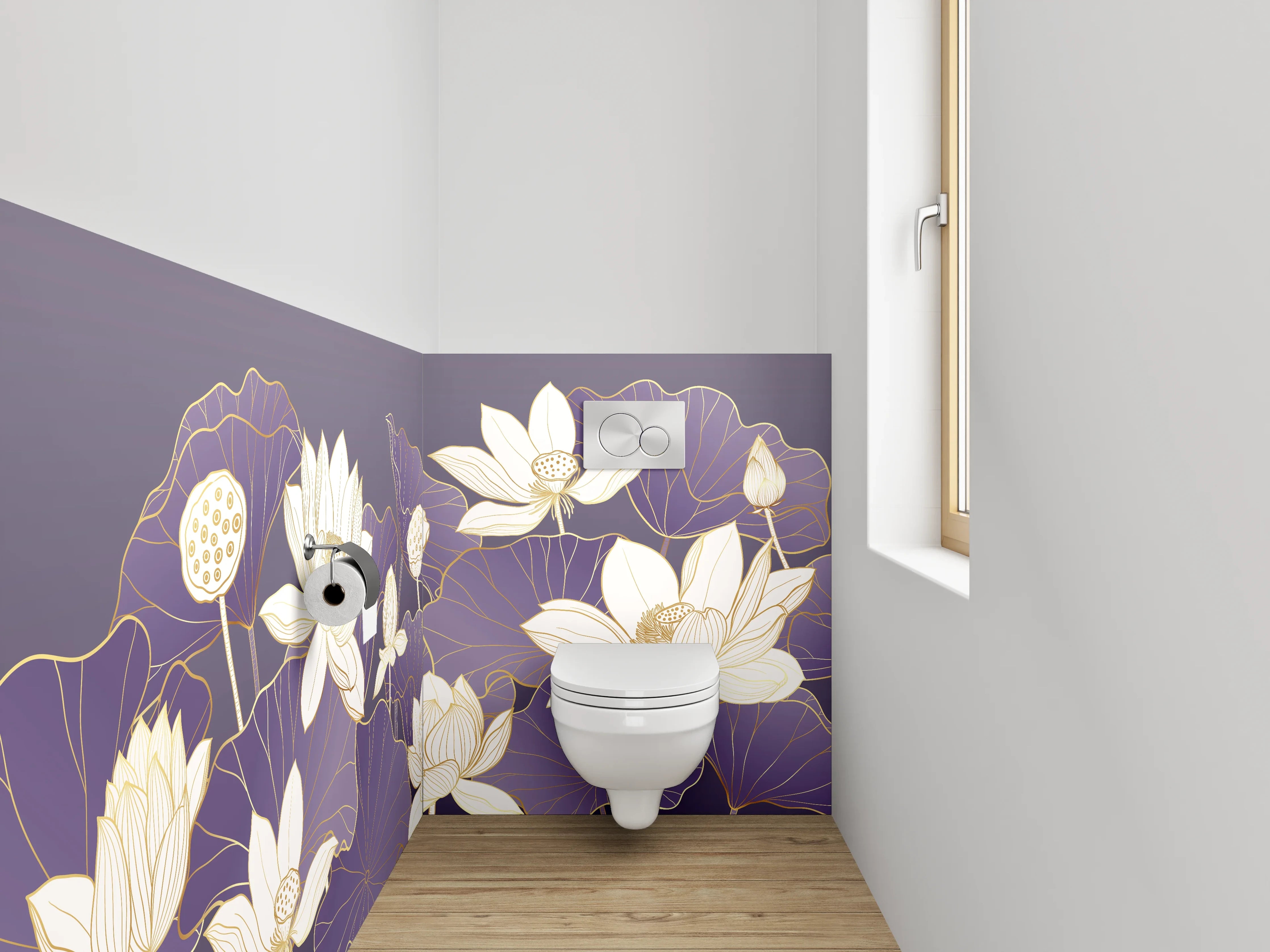 WC-Rückwand - Lotus-Illustration auf violettem Hintergrund