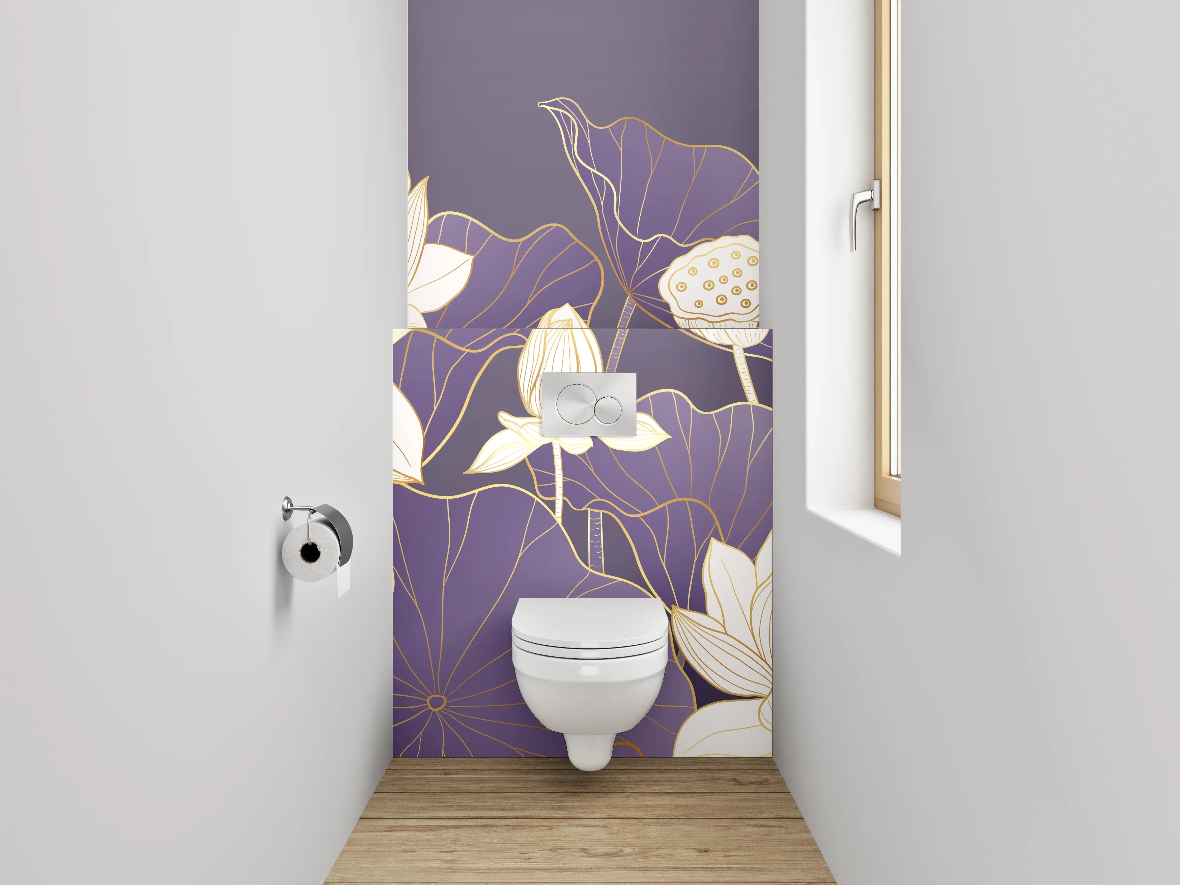WC-Rückwand - Lotus-Illustration auf violettem Hintergrund