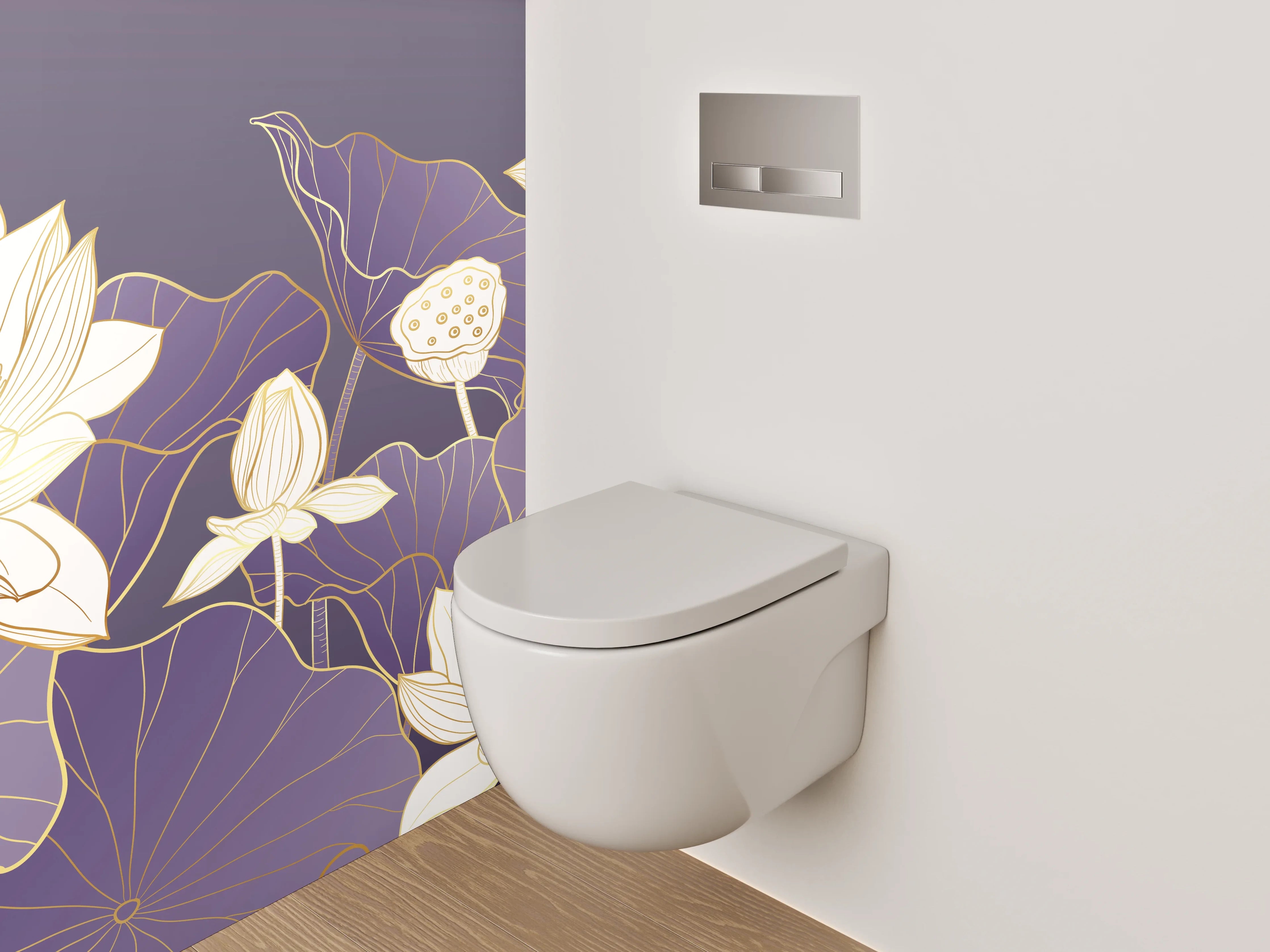 WC-Rückwand - Lotus-Illustration auf violettem Hintergrund