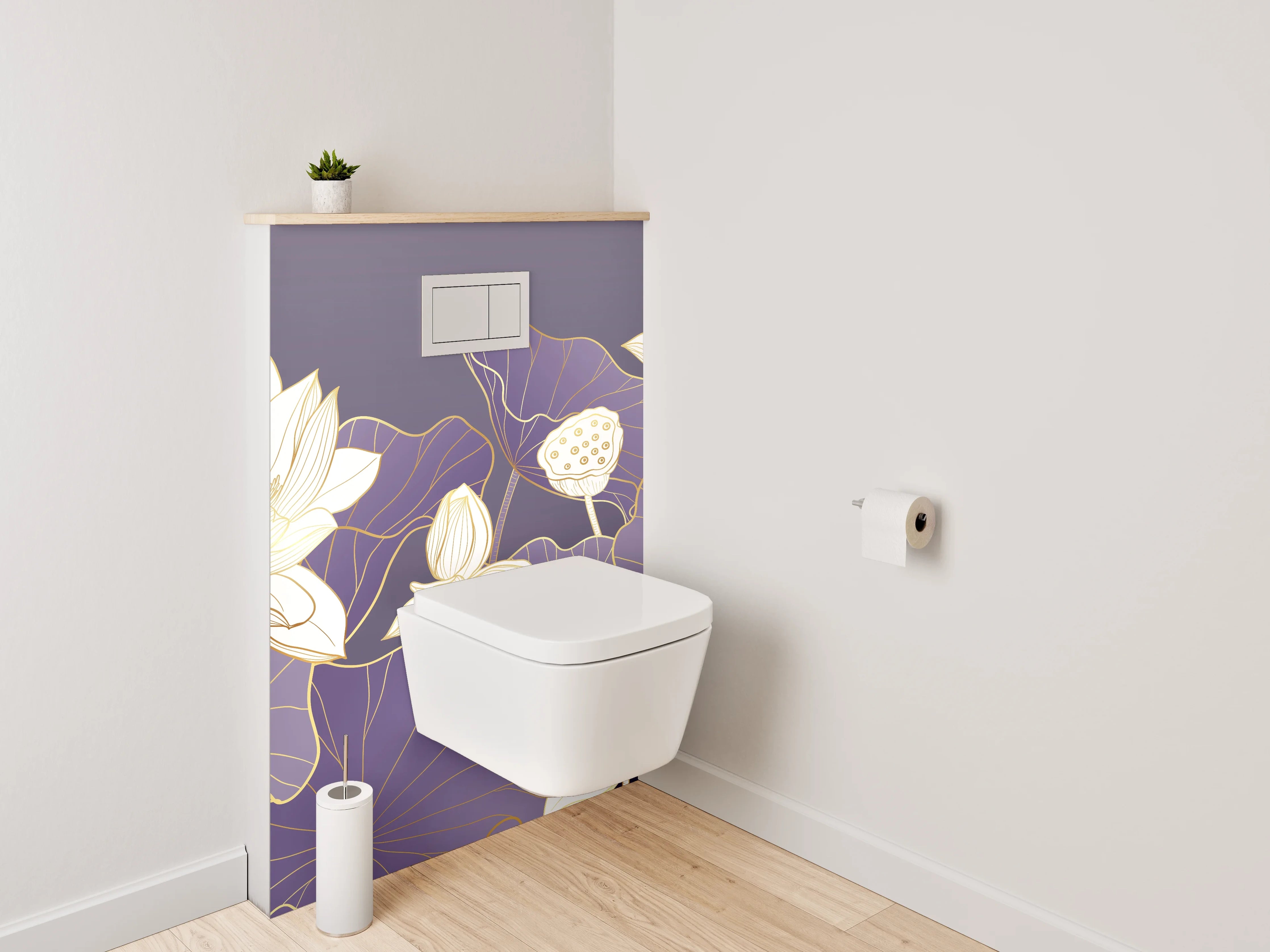 WC-Rückwand - Lotus-Illustration auf violettem Hintergrund