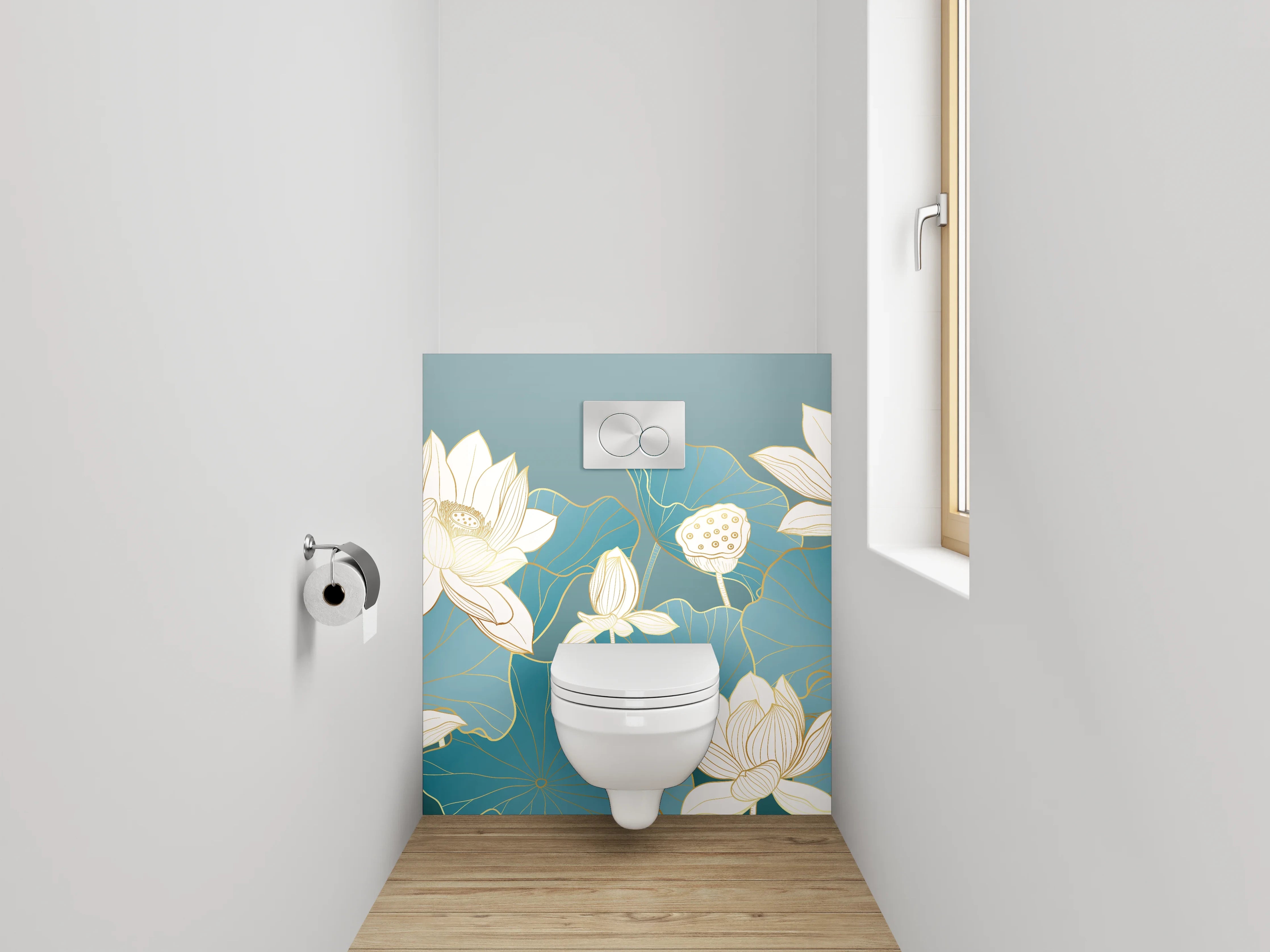 WC-Rückwand - Lotusblüten Aquarell Blau Gold