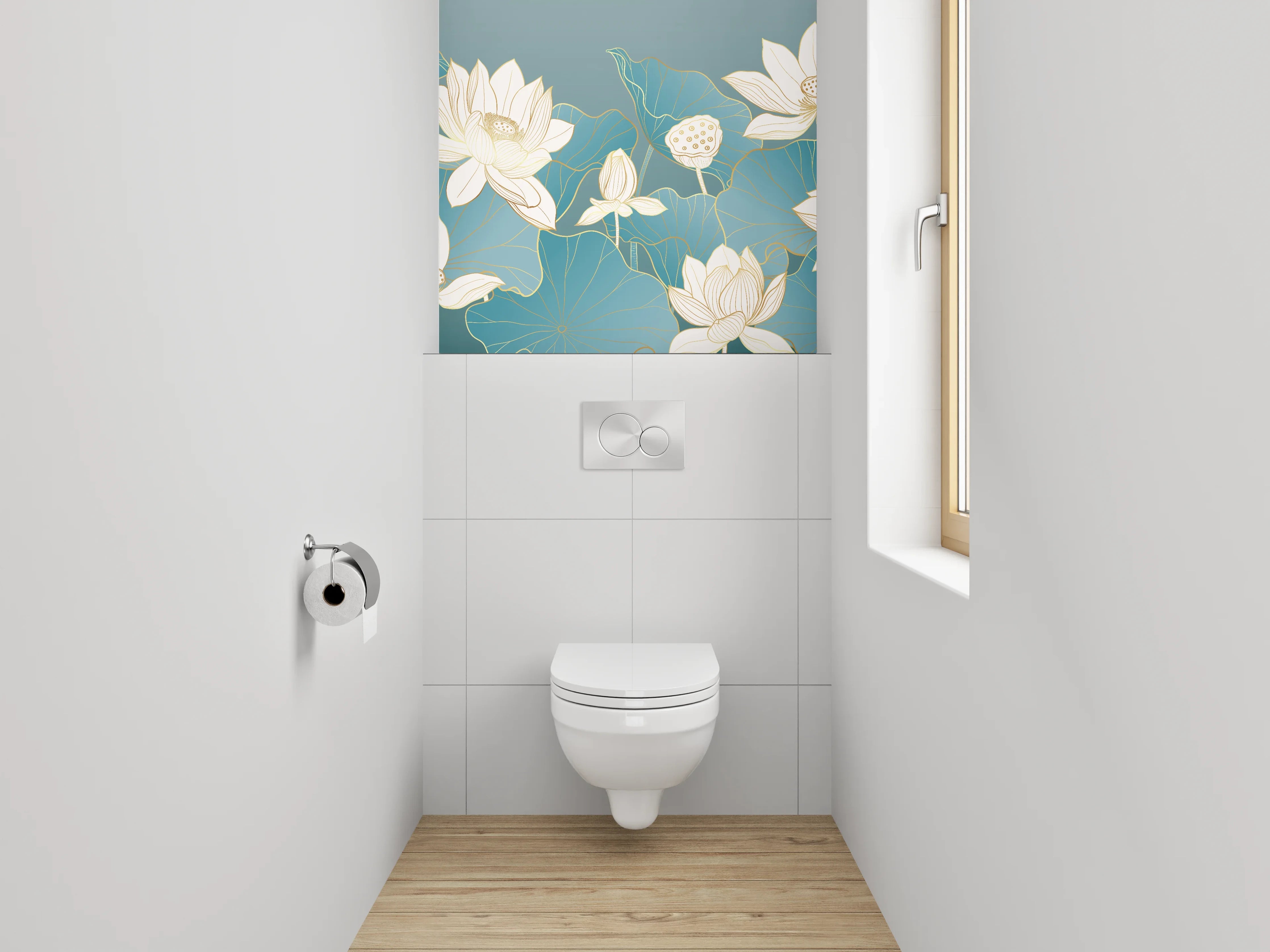 WC-Rückwand - Lotusblüten Aquarell Blau Gold