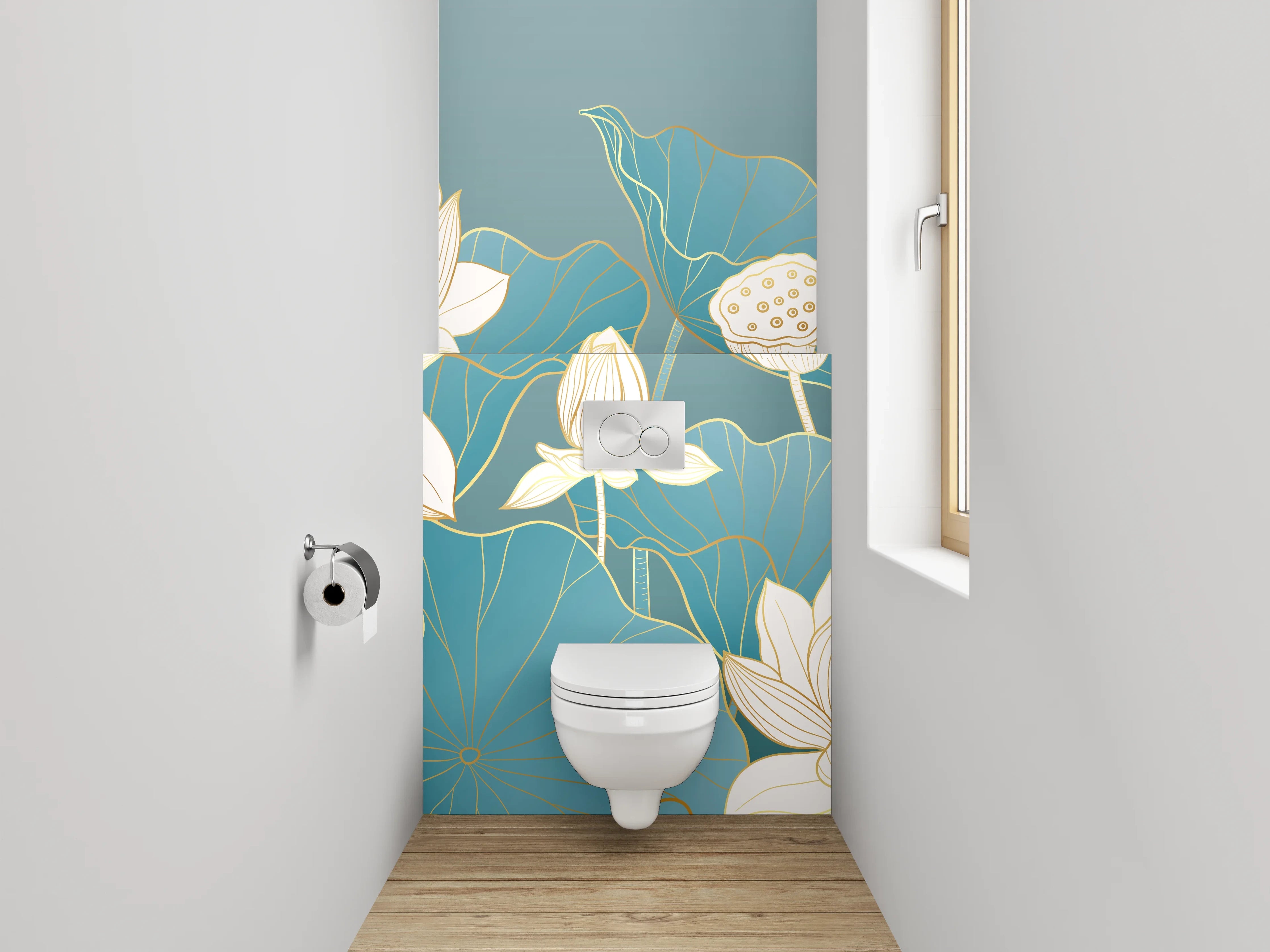WC-Rückwand - Lotusblüten Aquarell Blau Gold