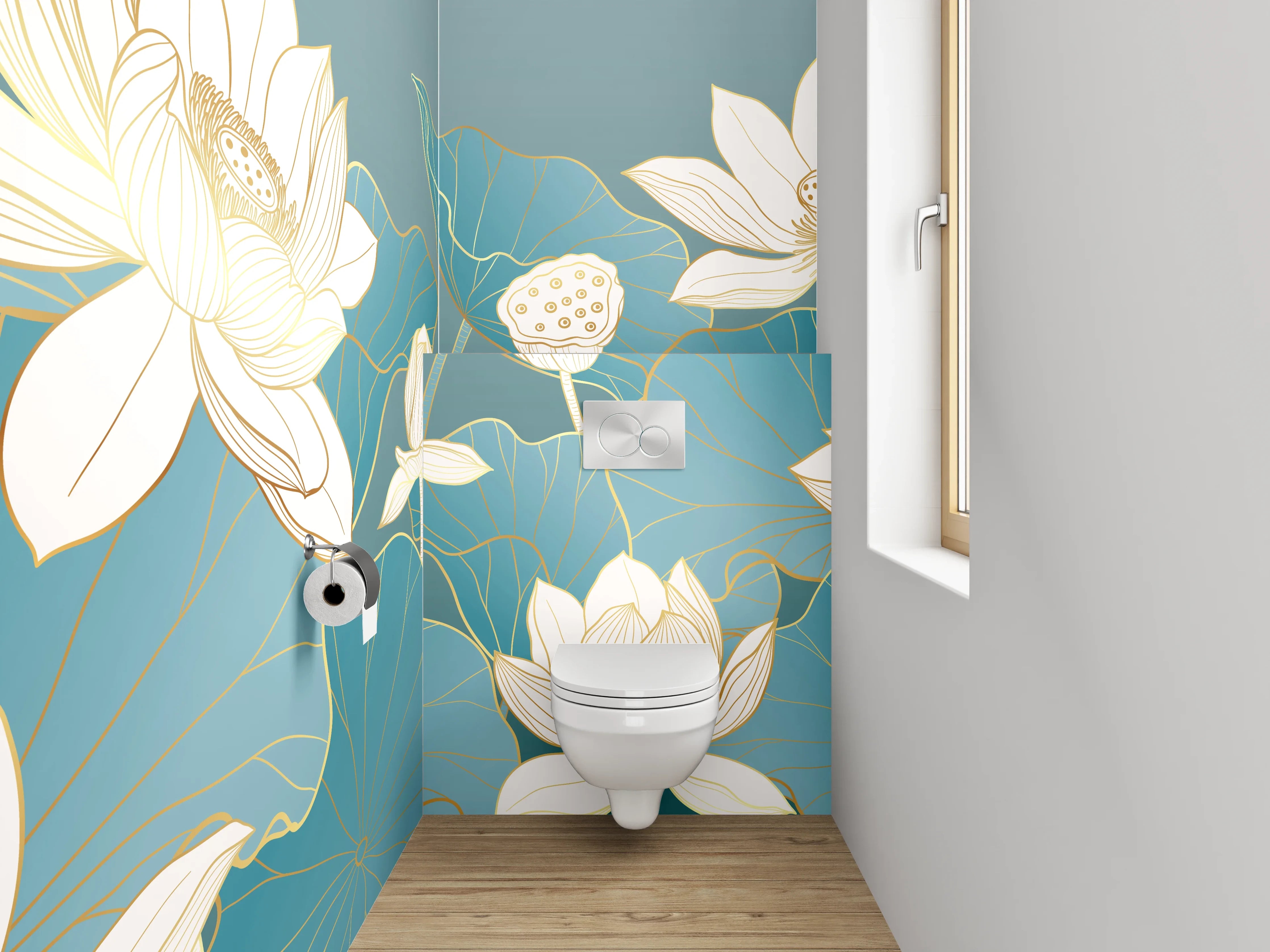 WC-Rückwand - Lotusblüten Aquarell Blau Gold