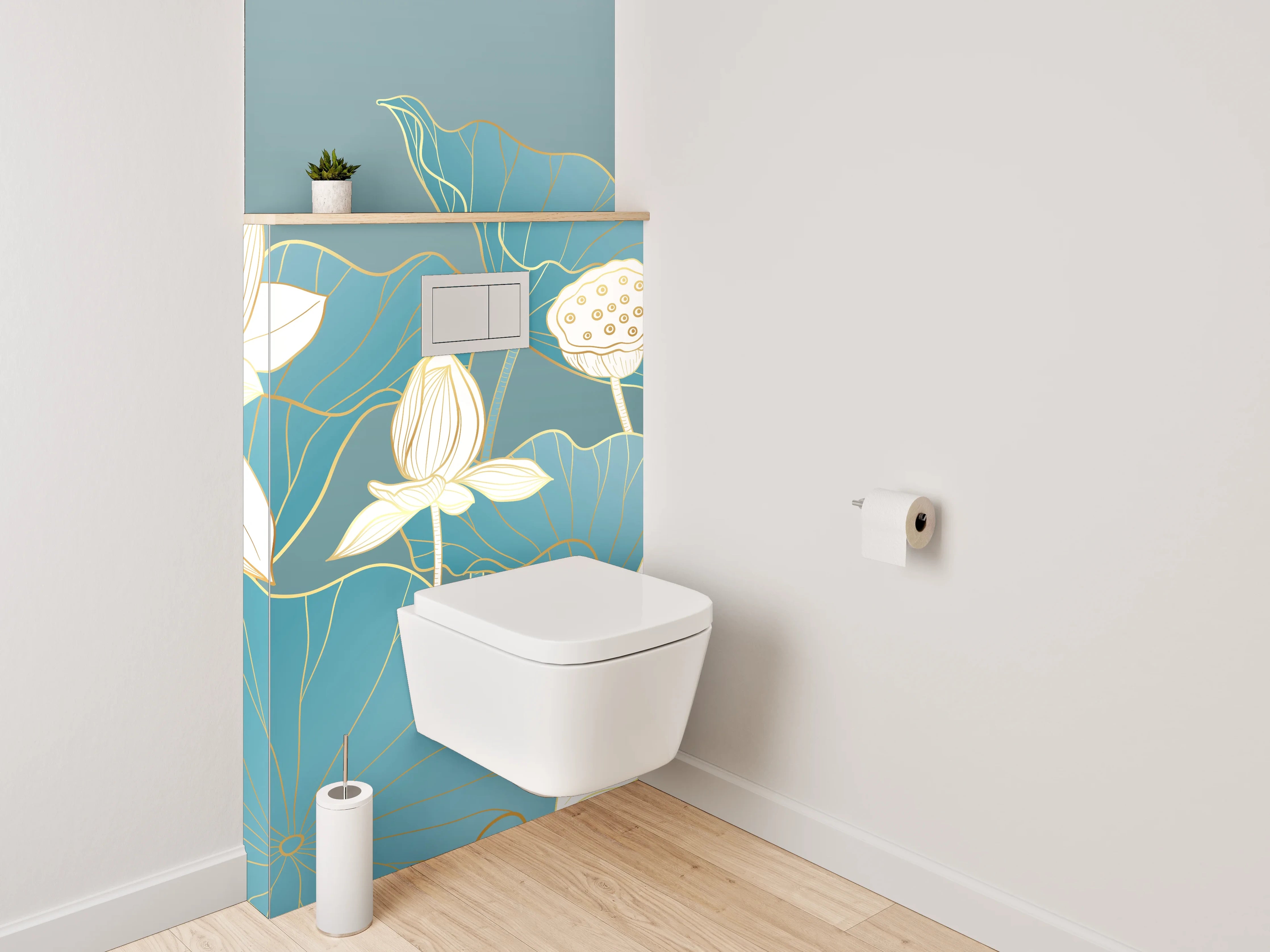 WC-Rückwand - Lotusblüten Aquarell Blau Gold