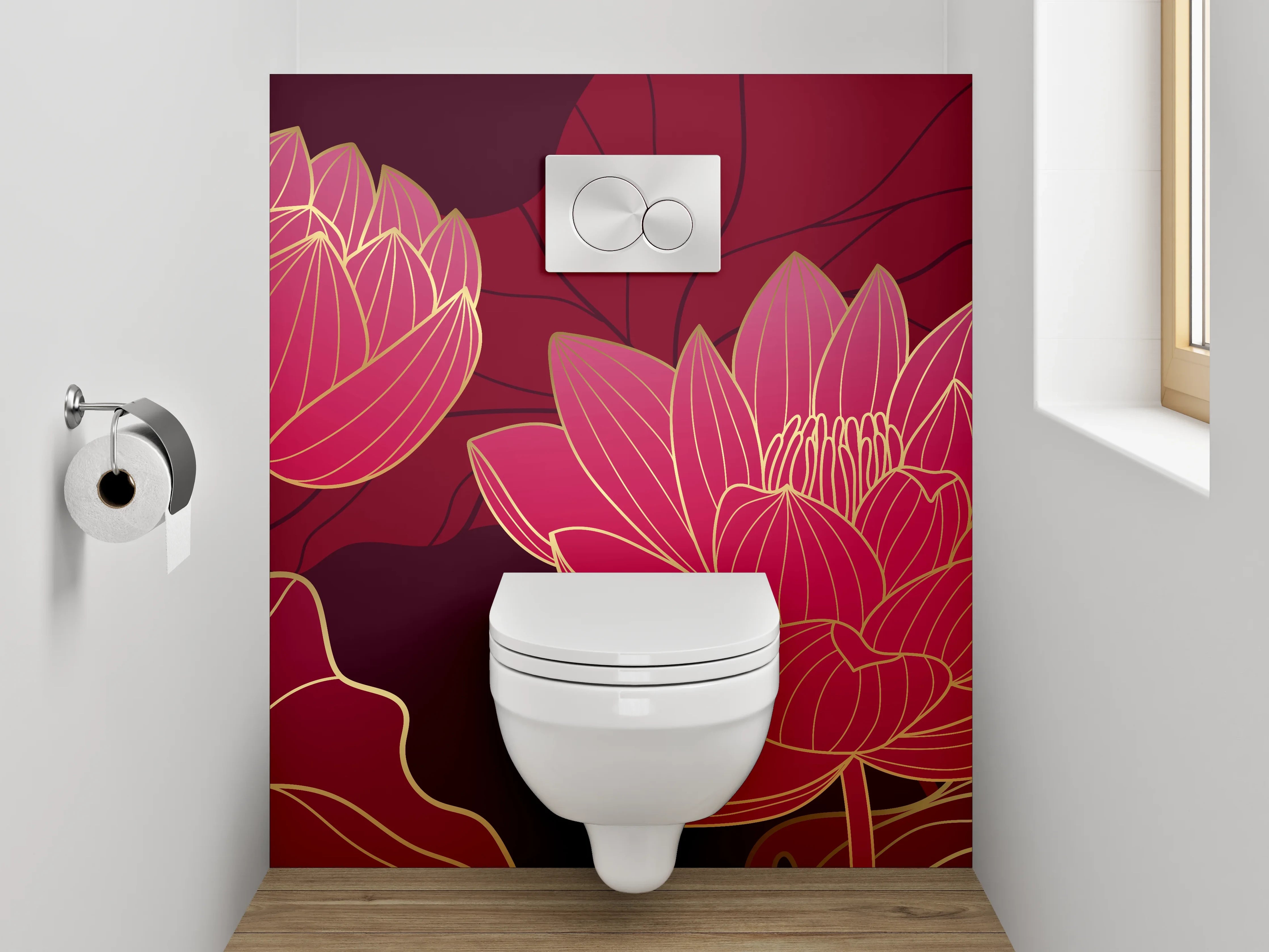 WC-Rückwand - Lotusblüten Eleganz in Rotgold