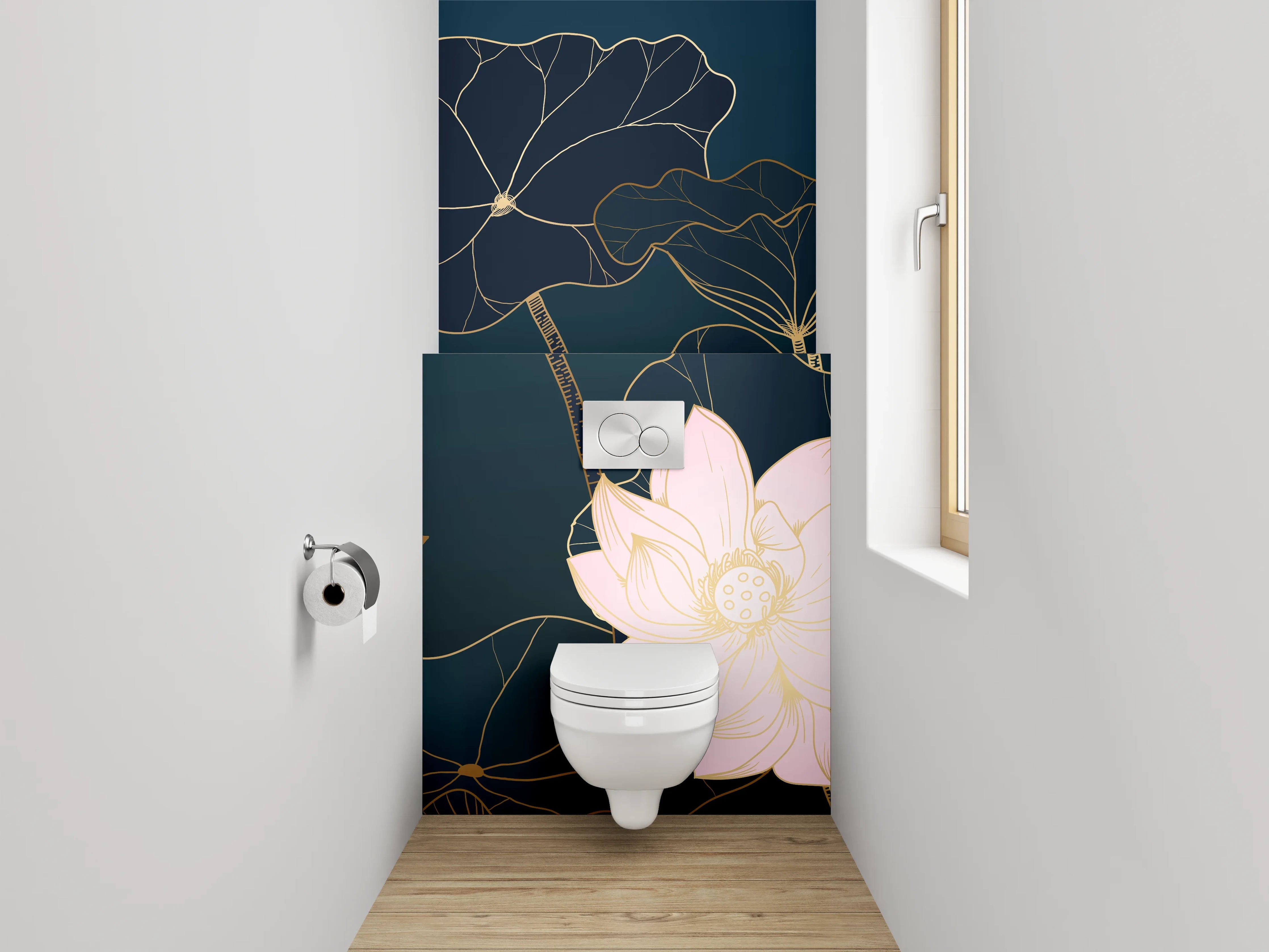 WC-Rückwand - Lotusblüten Lineart auf dunklem Grund