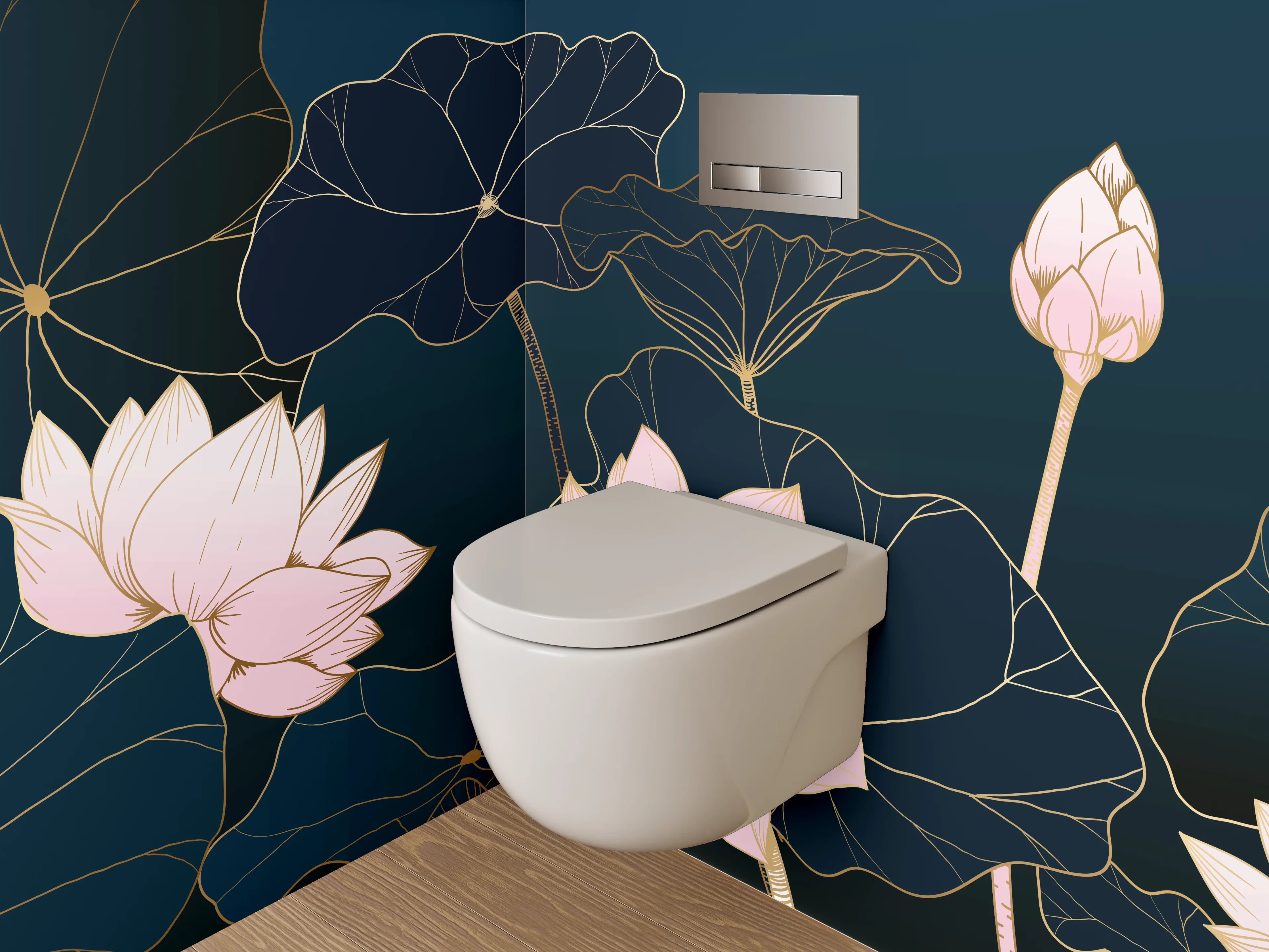 WC-Rückwand - Lotusblüten Lineart auf dunklem Grund