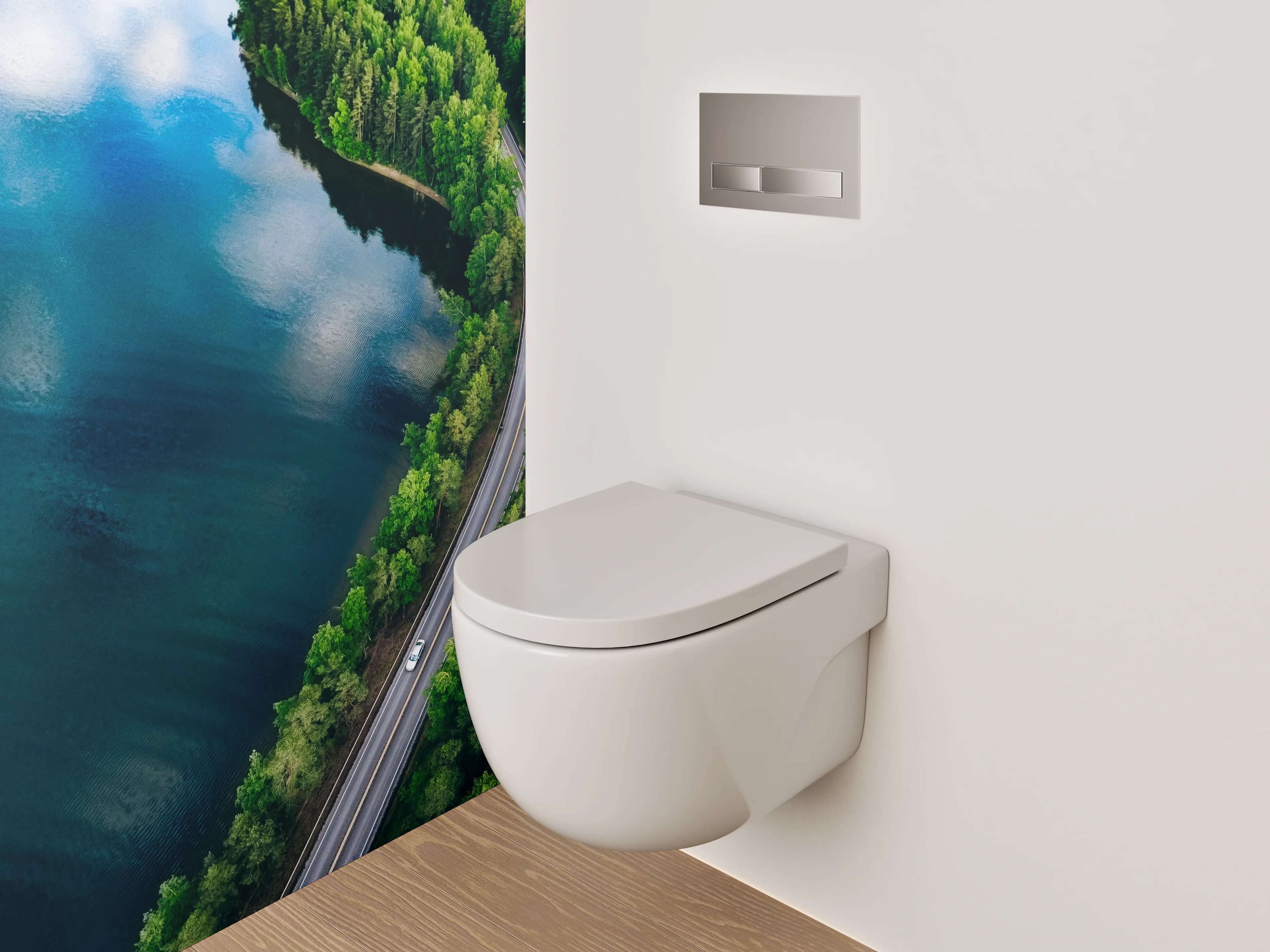 WC-Rückwand - Luftaufnahme Straße am See im Wald