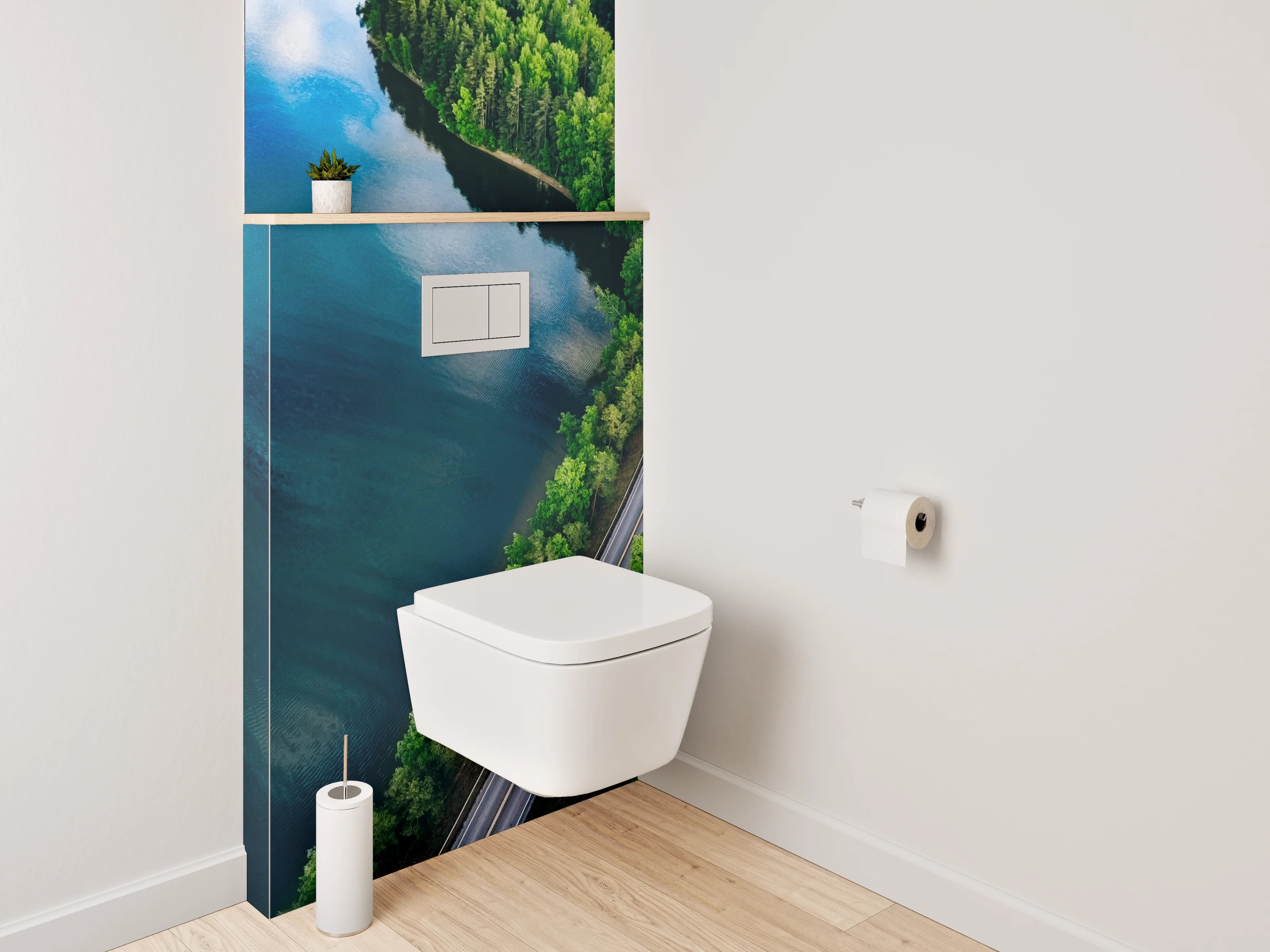 WC-Rückwand - Luftaufnahme Straße am See im Wald