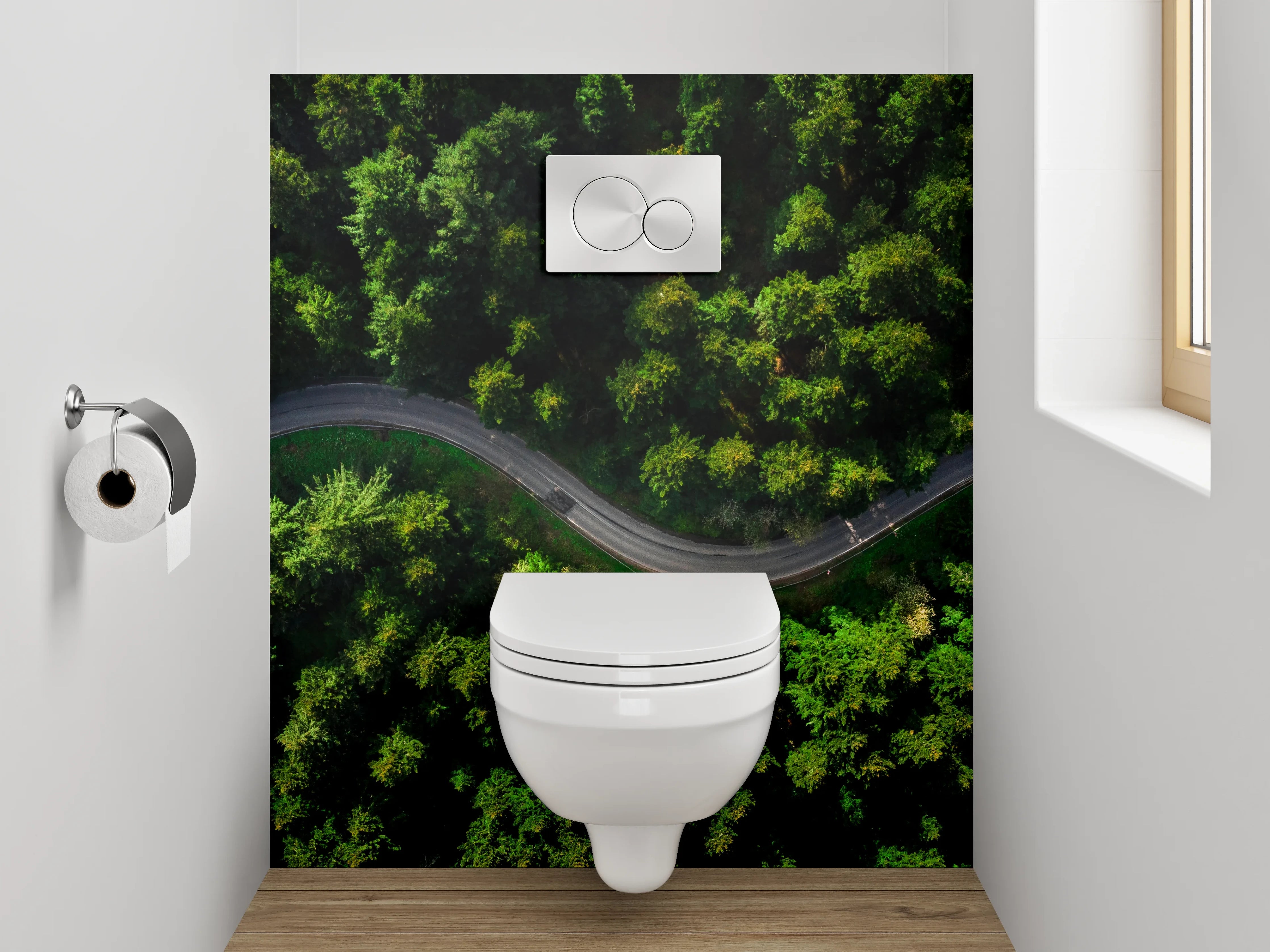 WC-Rückwand - Luftaufnahme Wald mit kurviger Straße