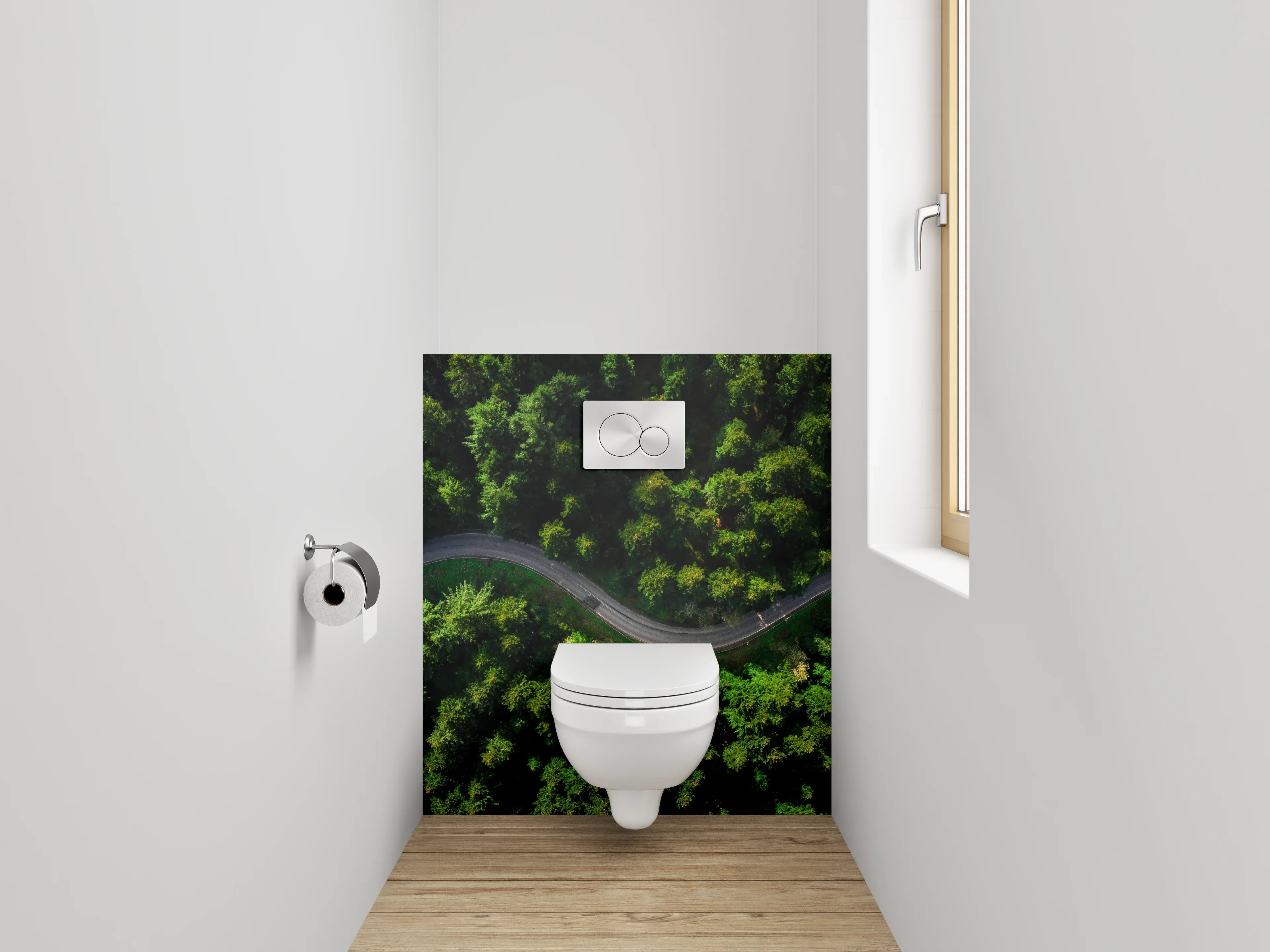 WC-Rückwand - Luftaufnahme Wald mit kurviger Straße