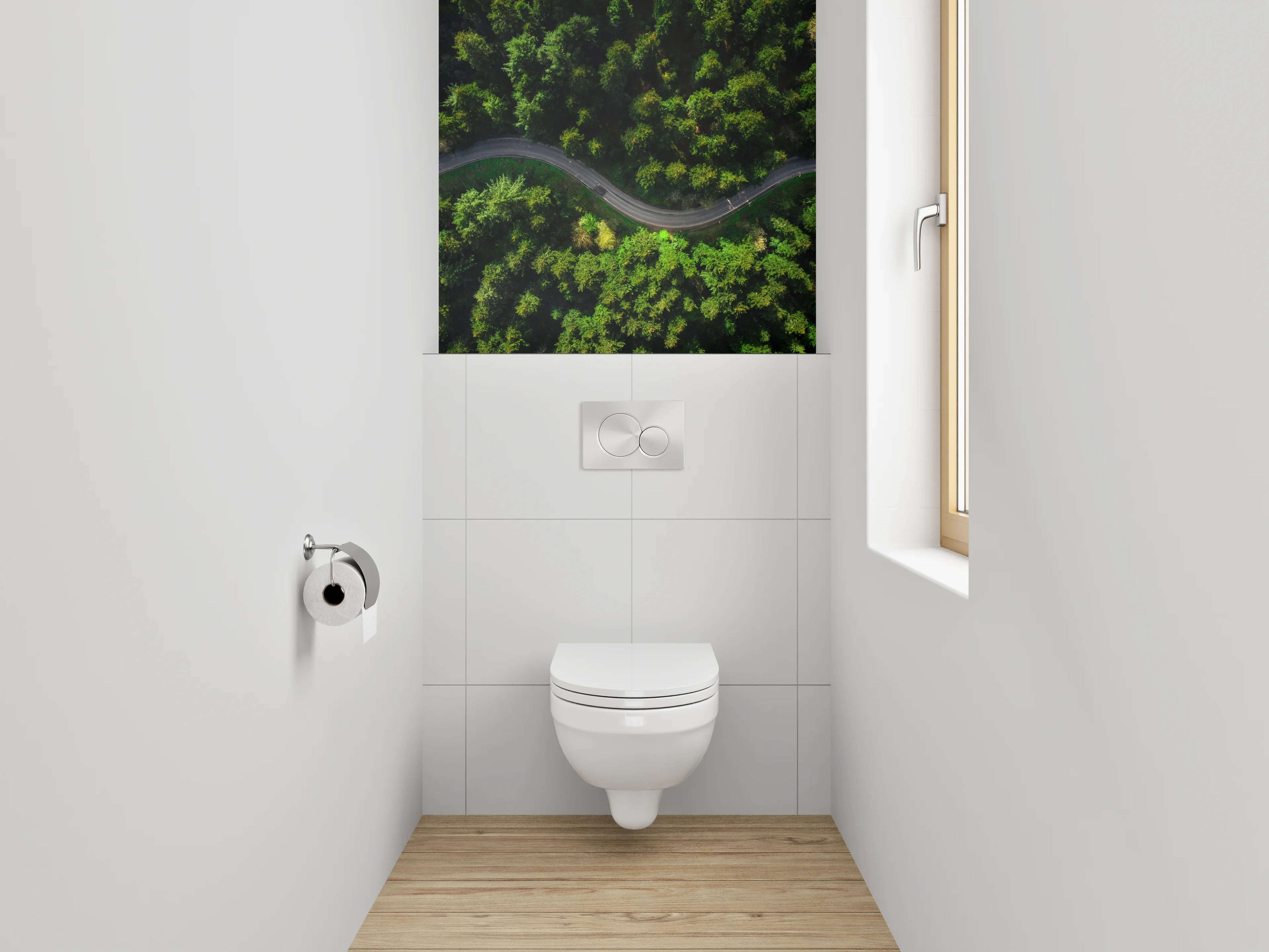 WC-Rückwand - Luftaufnahme Wald mit kurviger Straße