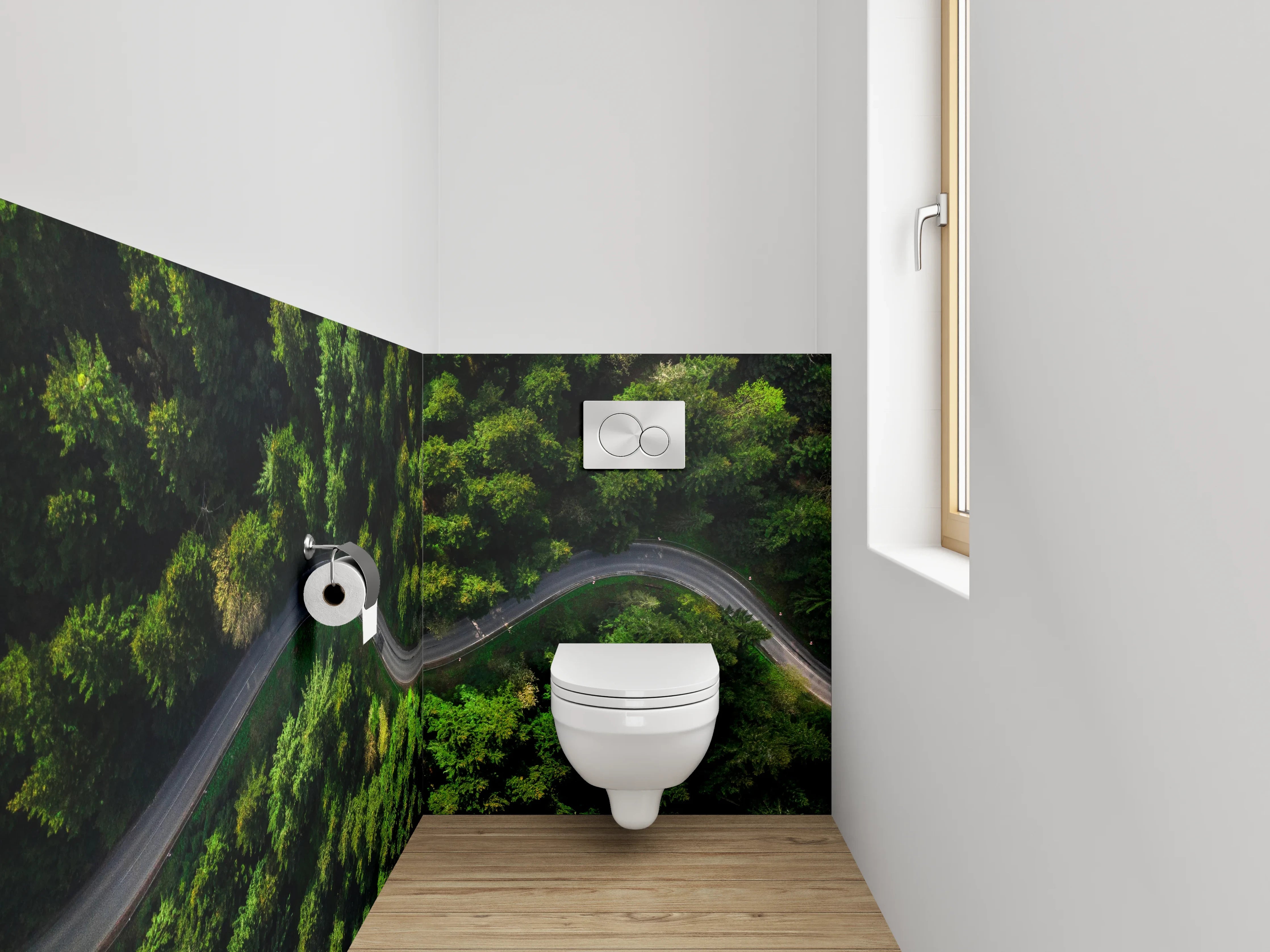 WC-Rückwand - Luftaufnahme Wald mit kurviger Straße