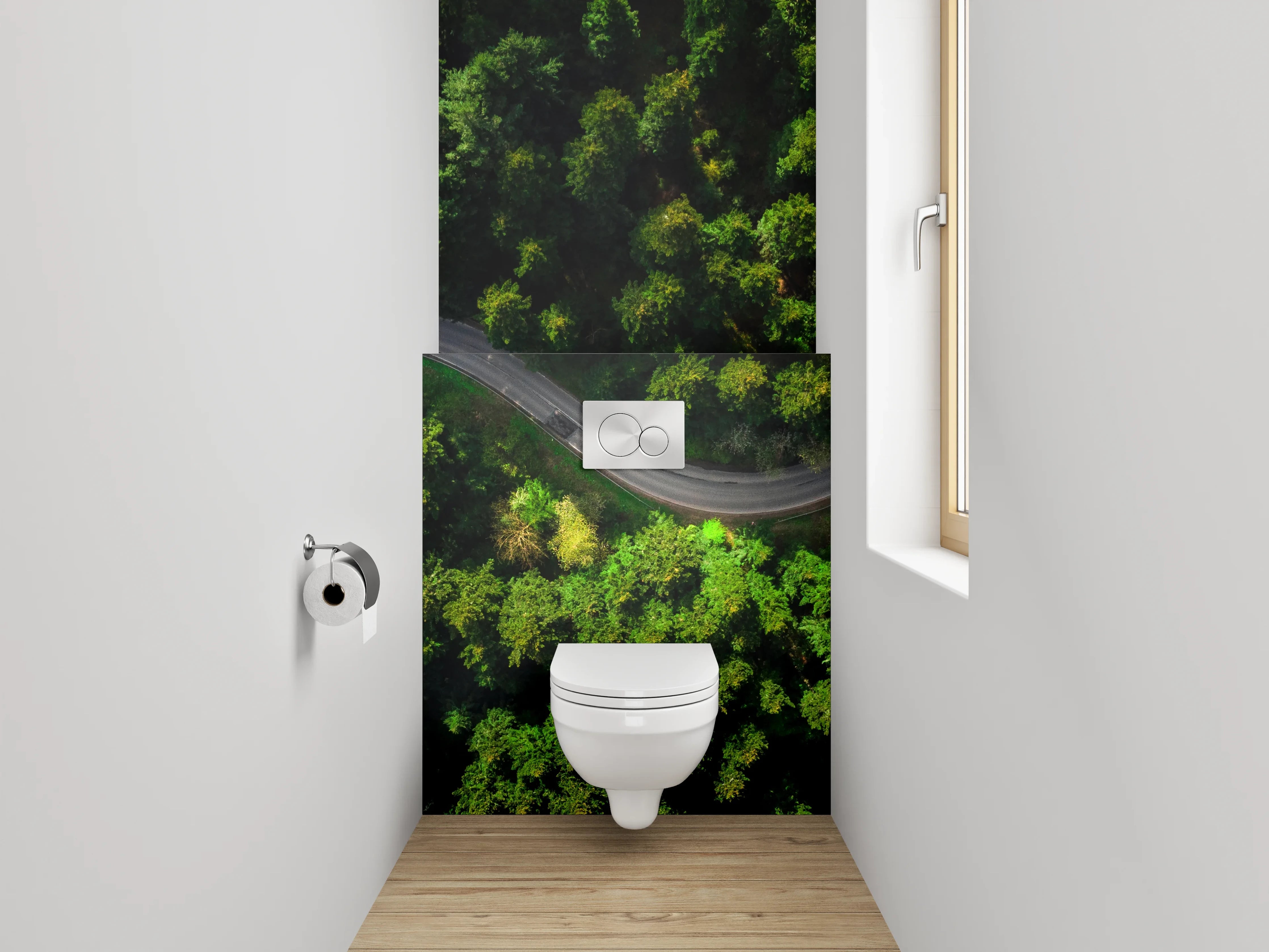 WC-Rückwand - Luftaufnahme Wald mit kurviger Straße