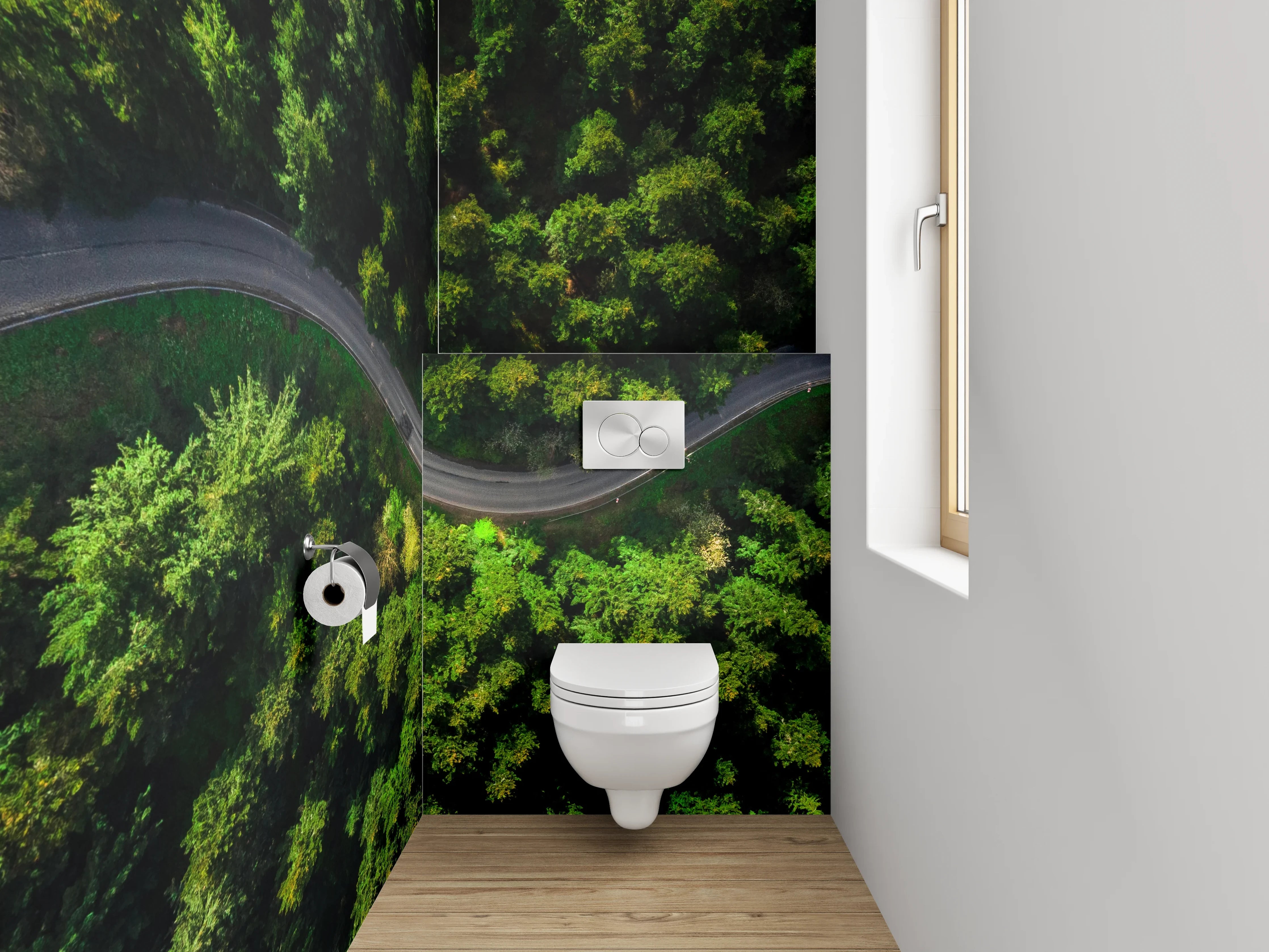 WC-Rückwand - Luftaufnahme Wald mit kurviger Straße
