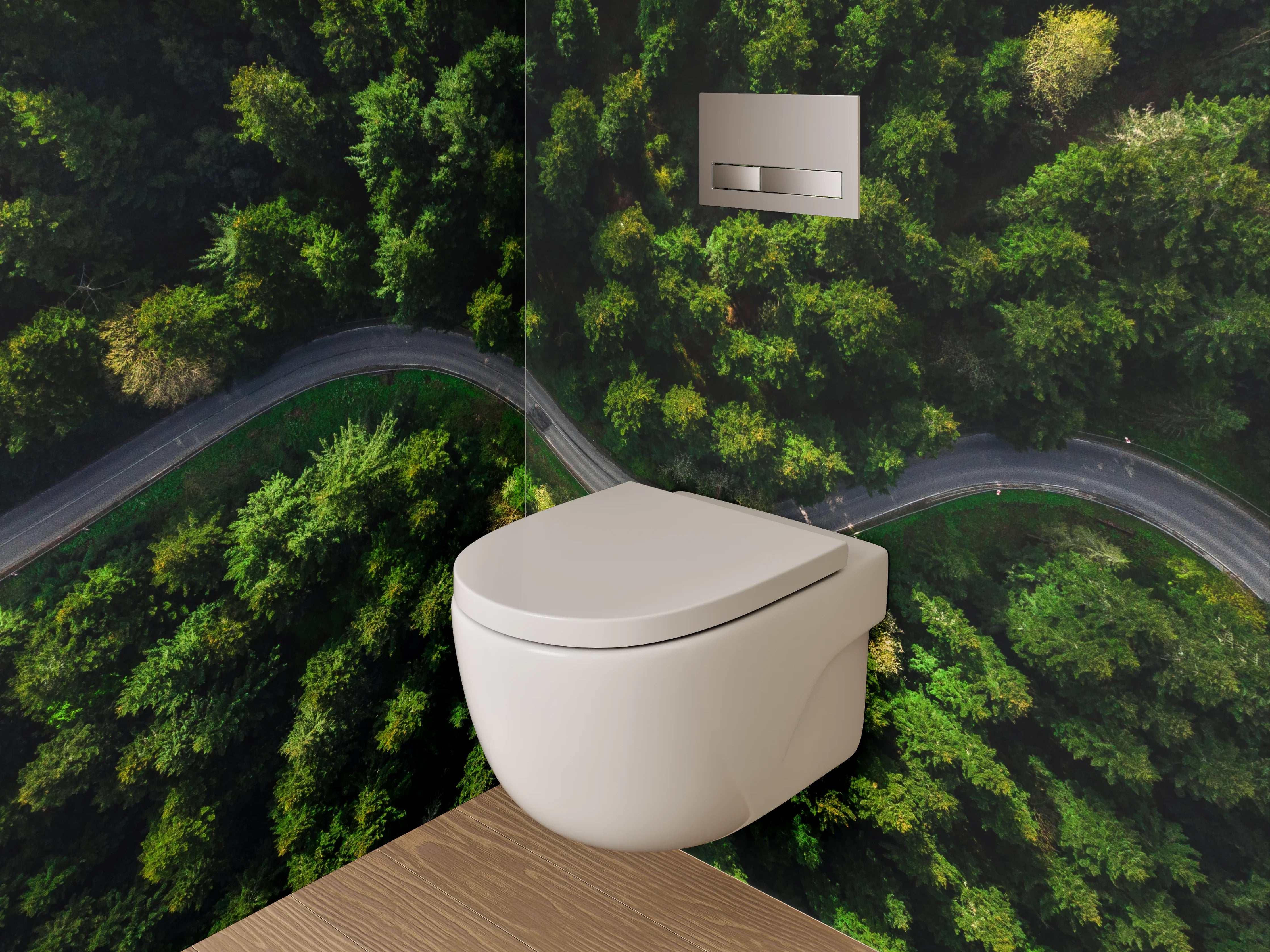 WC-Rückwand - Luftaufnahme Wald mit kurviger Straße