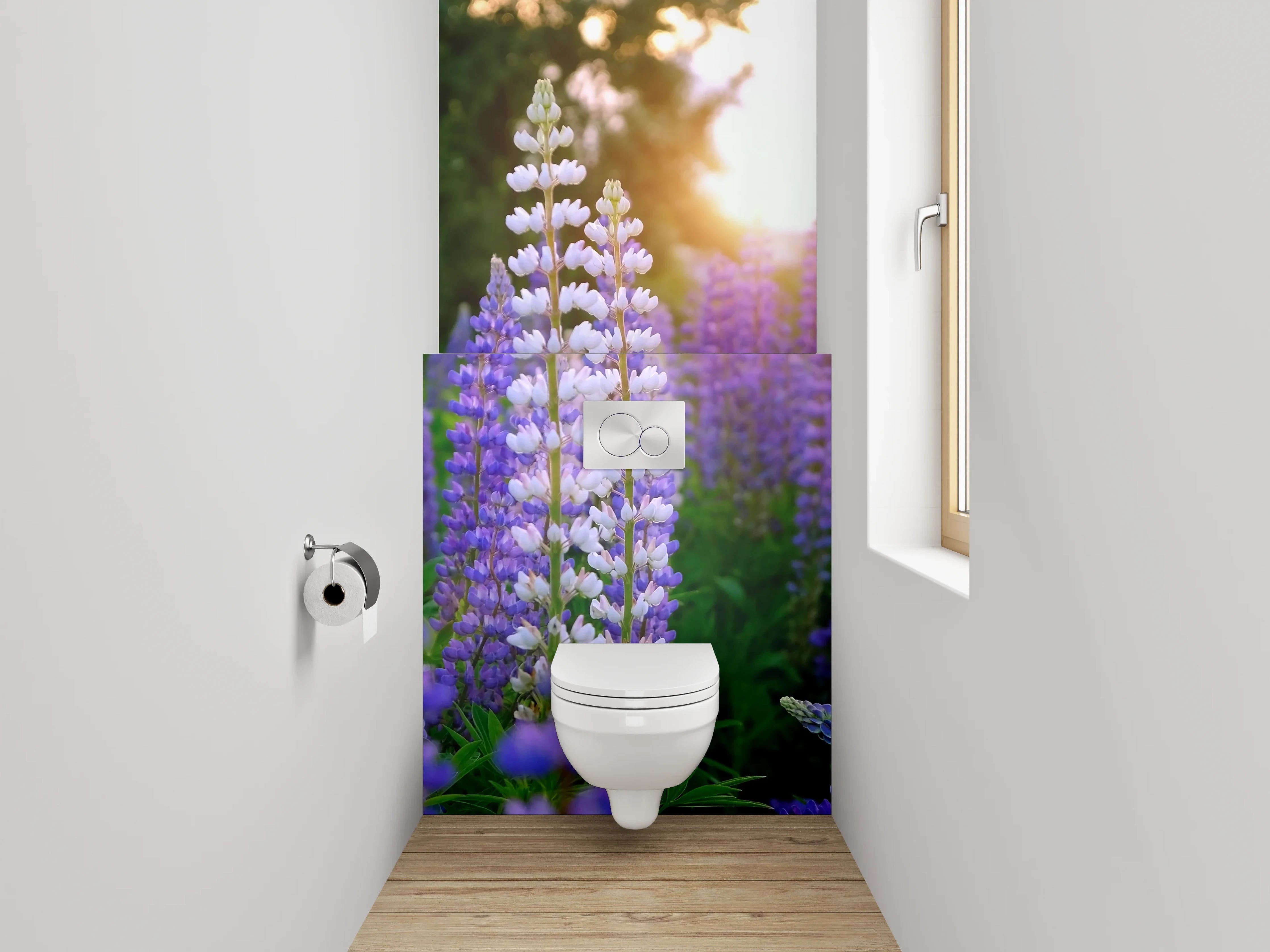 WC-Rückwand - Lupinenfeld im Sonnenuntergang