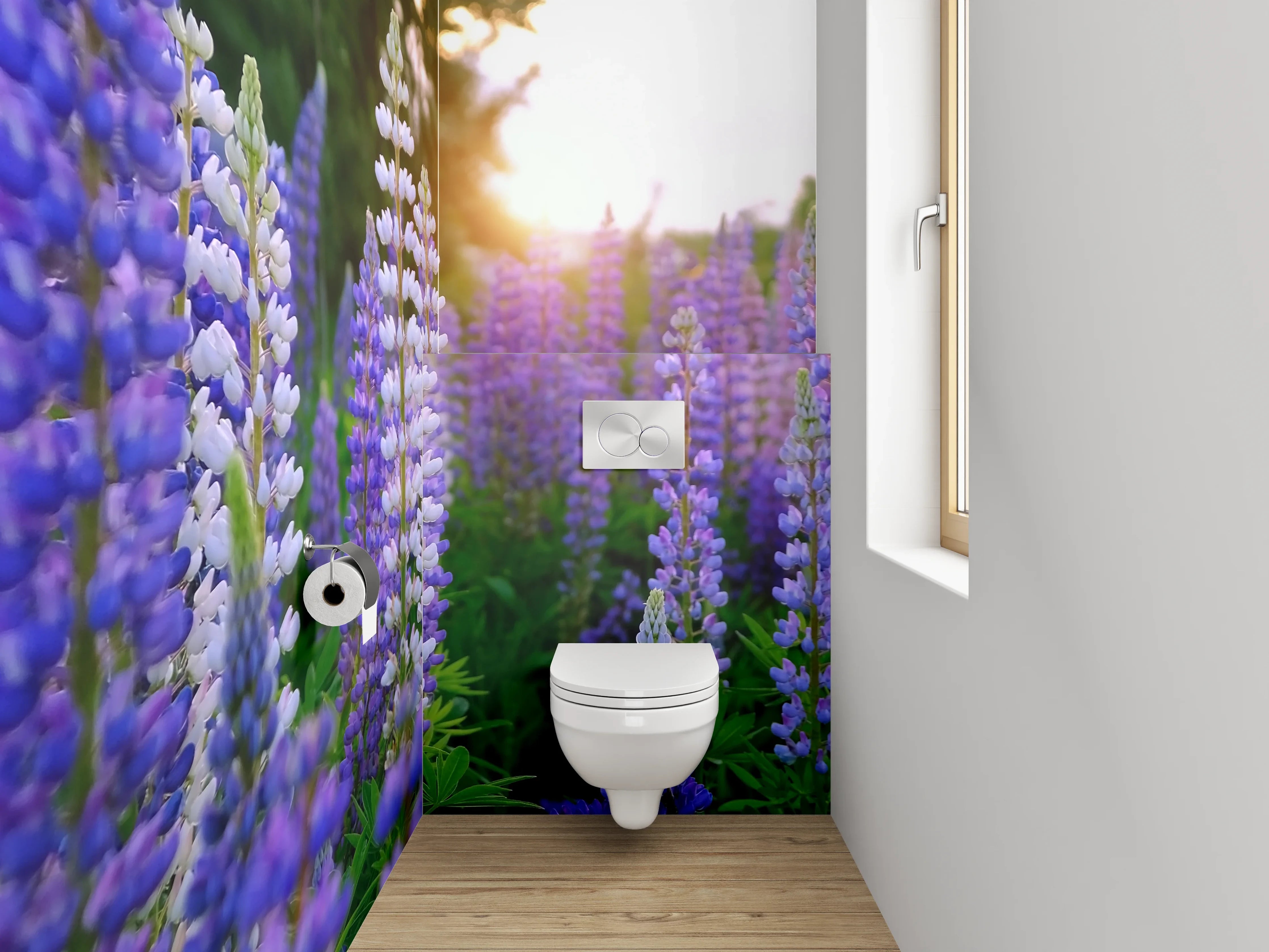 WC-Rückwand - Lupinenfeld im Sonnenuntergang