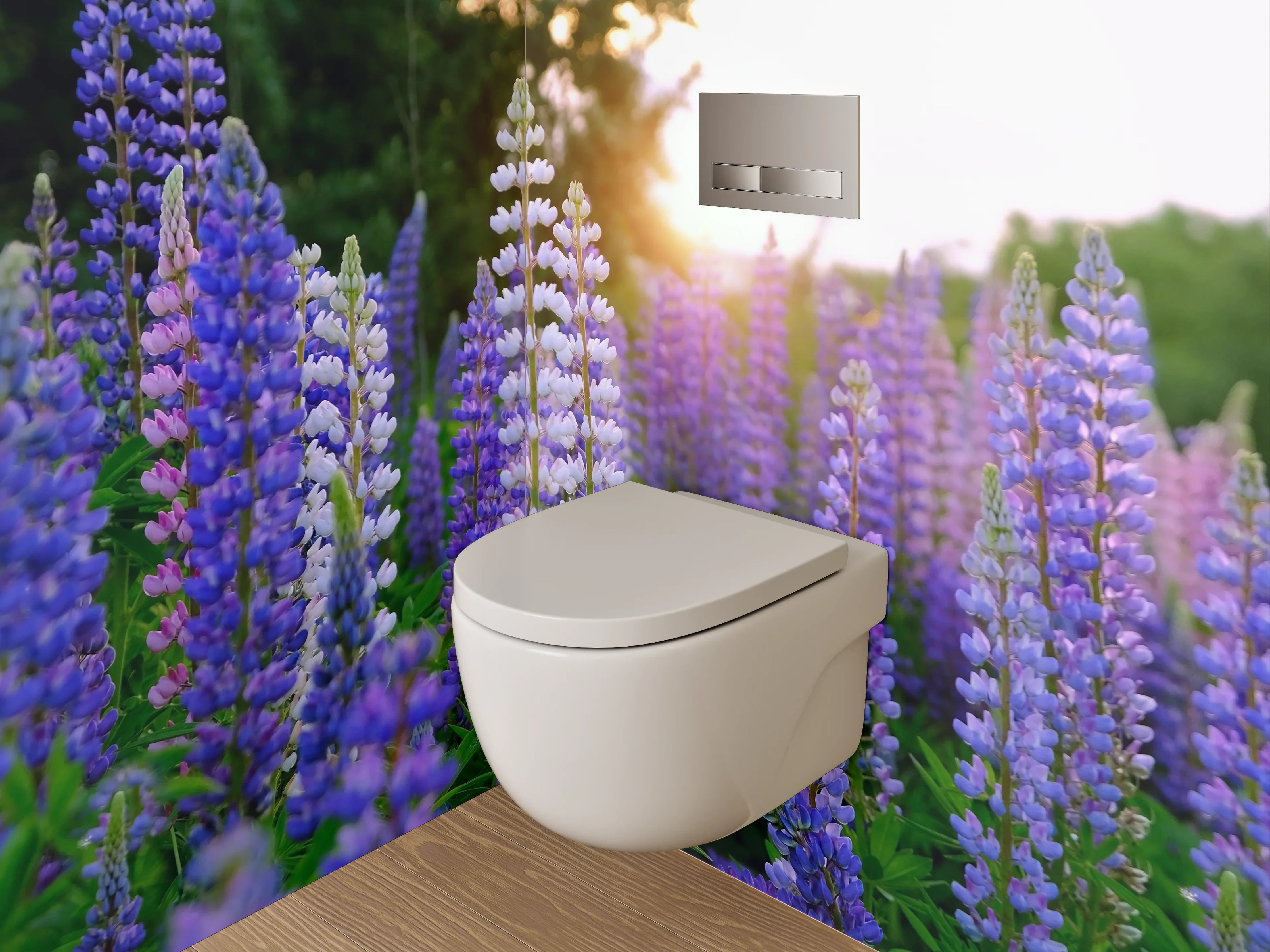 WC-Rückwand - Lupinenfeld im Sonnenuntergang