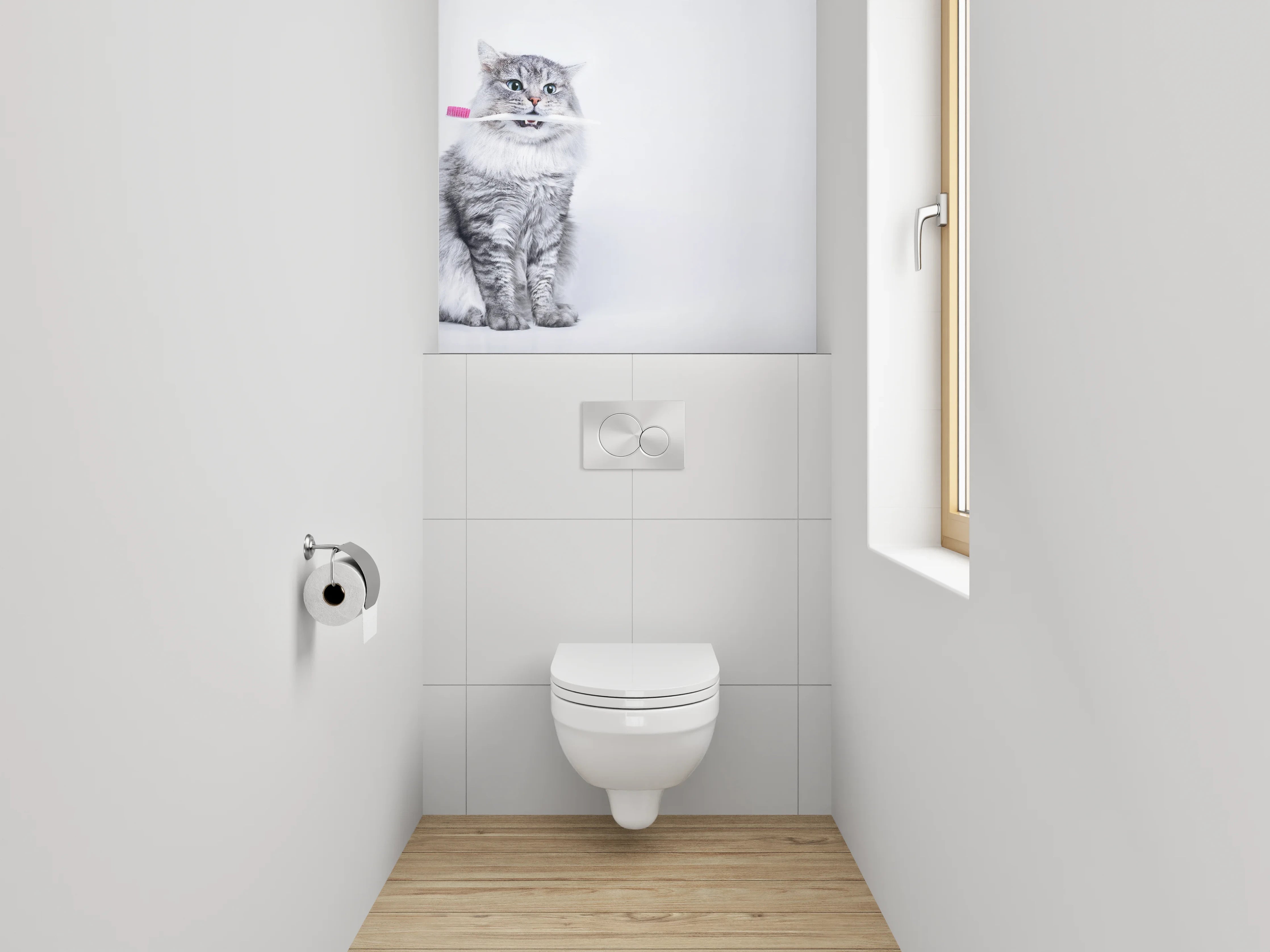 WC-Rückwand - Lustige Katze mit Zahnbürste Weiß-Grau
