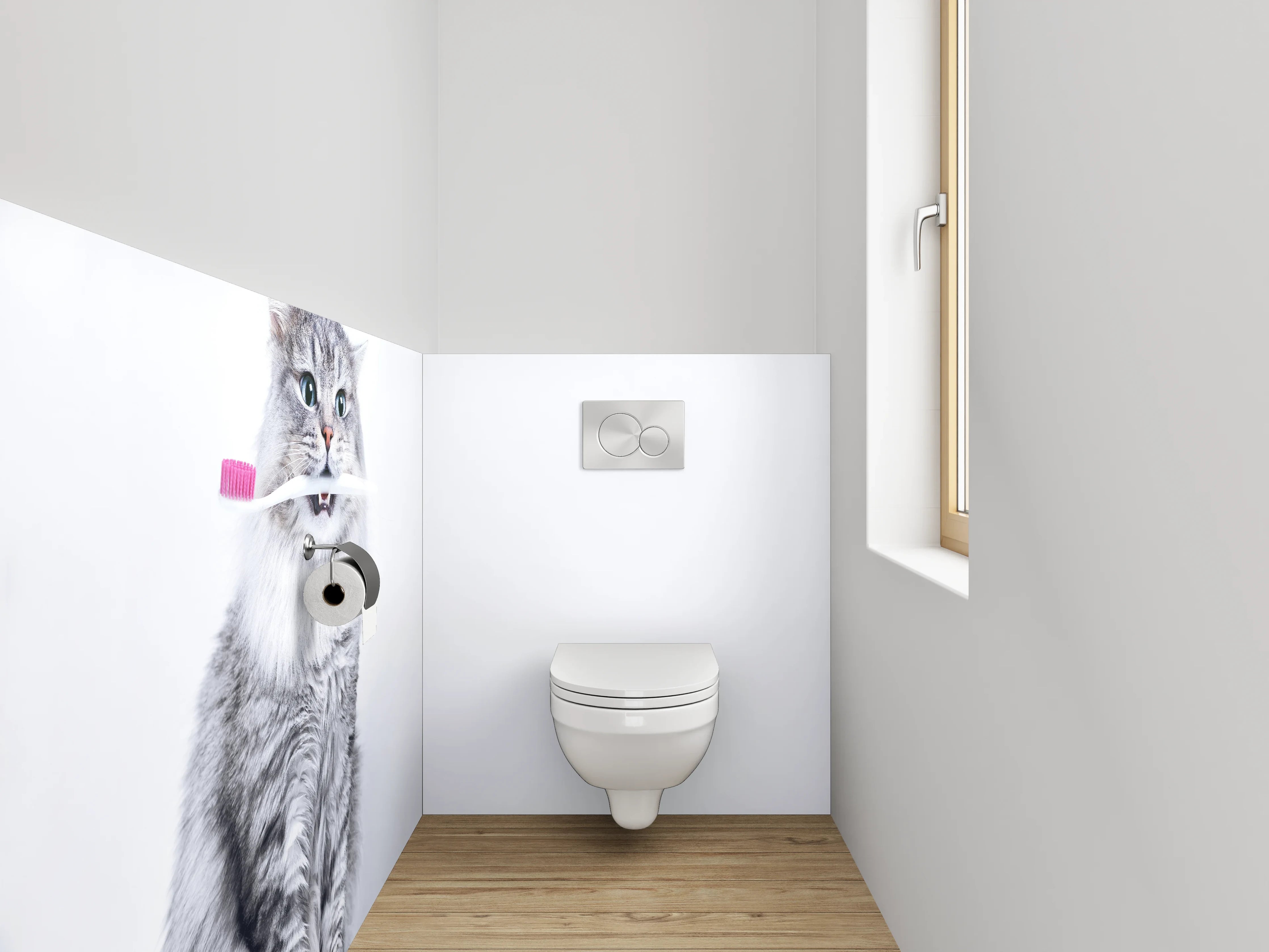 WC-Rückwand - Lustige Katze mit Zahnbürste Weiß-Grau