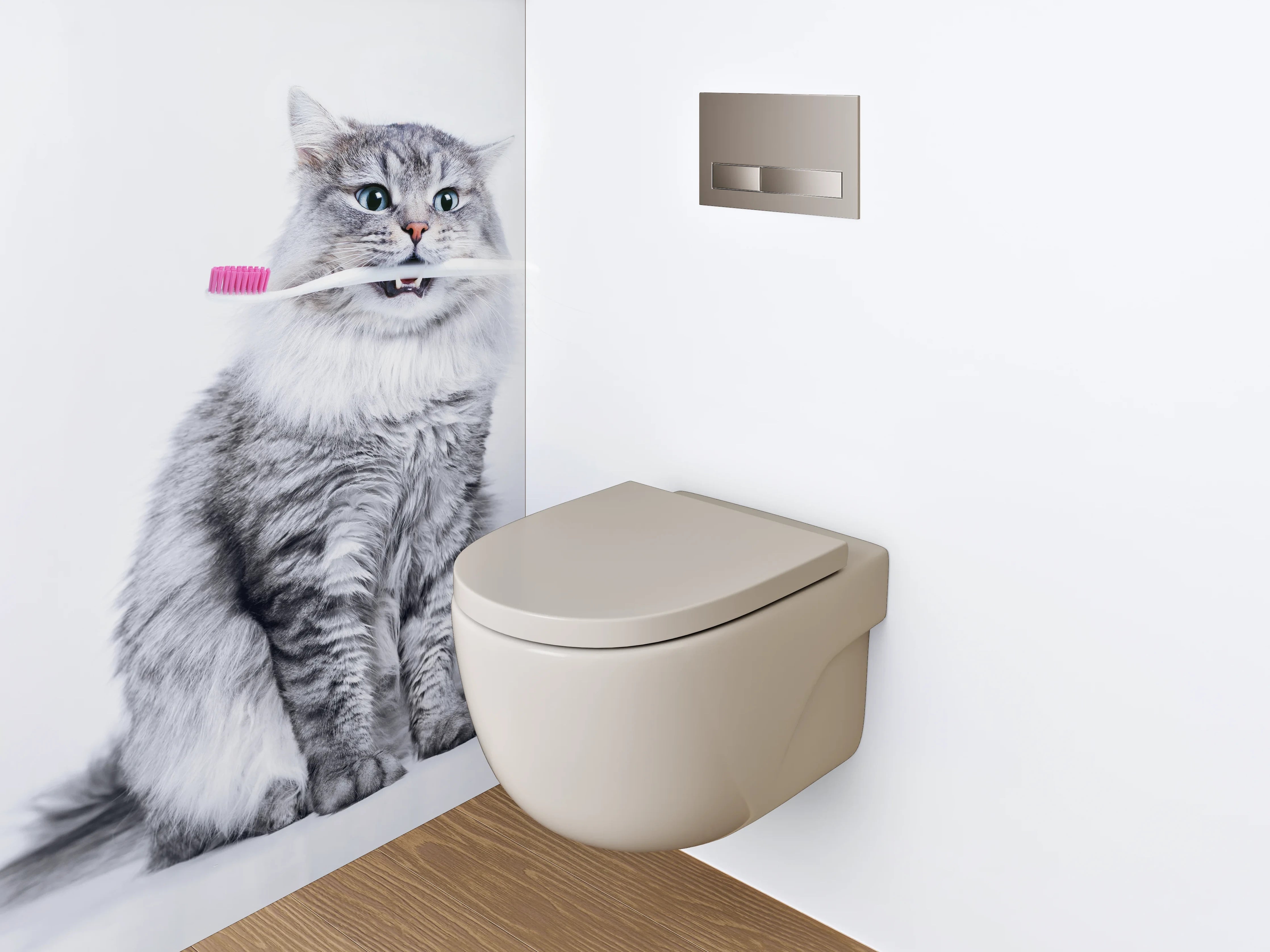 WC-Rückwand - Lustige Katze mit Zahnbürste Weiß-Grau